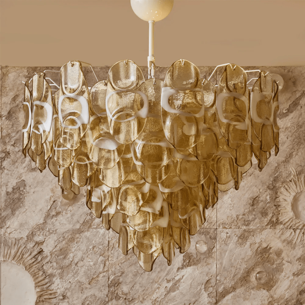 Aurora Chandelier Amber Murano Glass Oval Drops Layered - Blowlighting