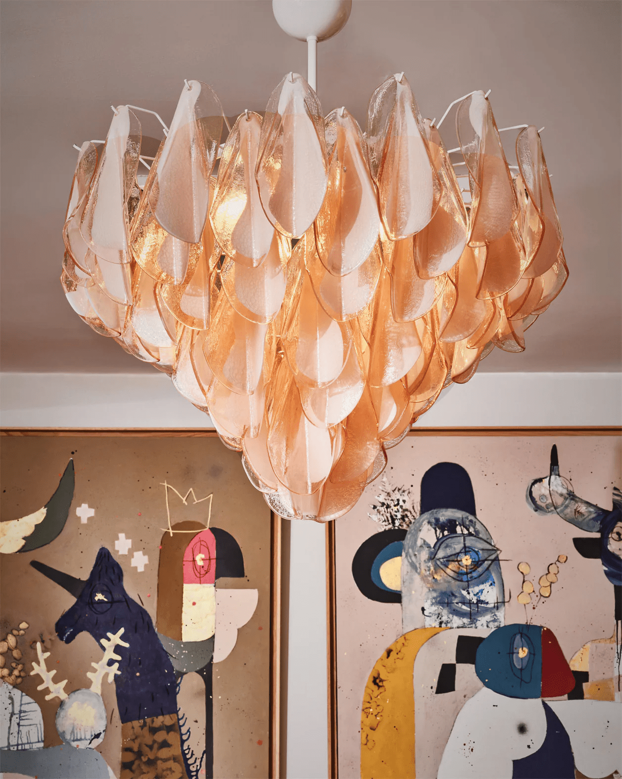 Aurora Chandelier Amber Murano Glass Oval Drops Layered - Blowlighting