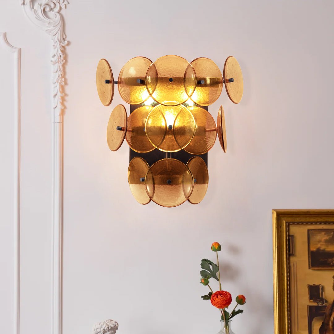 Aurora Wall Sconce Pressed Glass Disc Vintage Amber - Blowlighting
