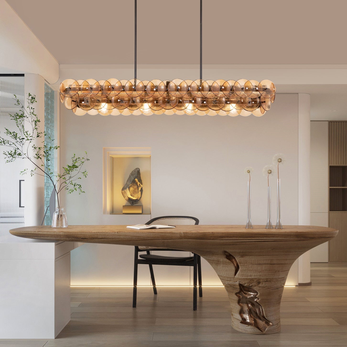 Aurora Chandelier Linear Amber Pressed Glass Disc Modern - Blowlighting