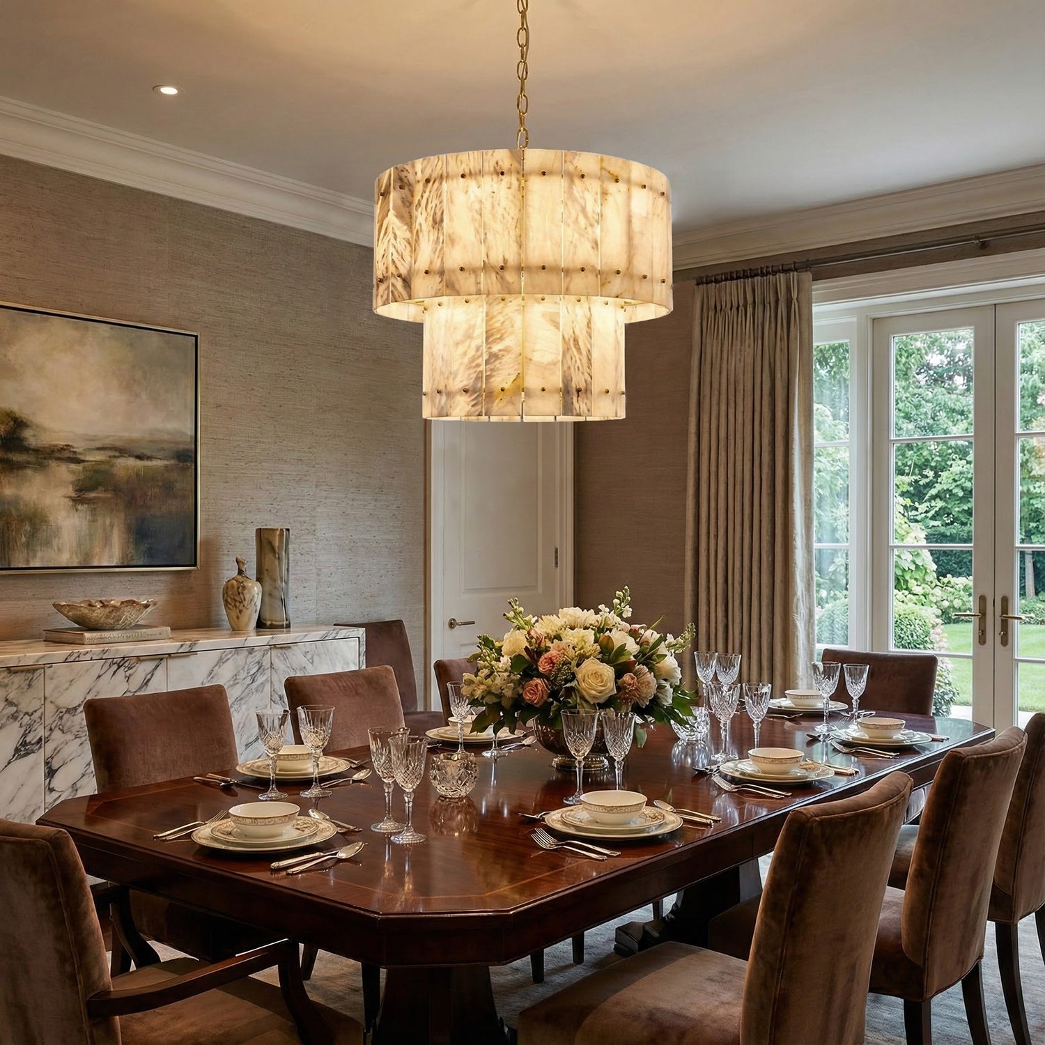 Akoya Contemporary Alabaster Art Round Alabaster Chandelier