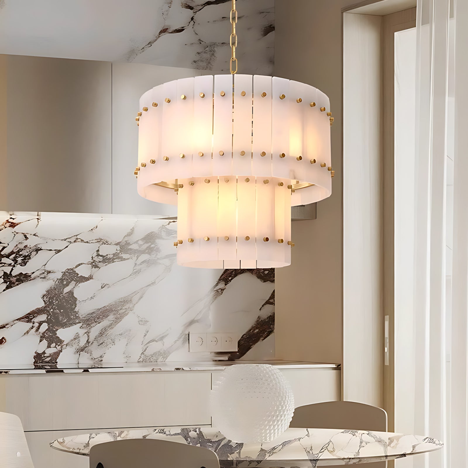 Akoya Contemporary Alabaster Art Round Alabaster Chandelier