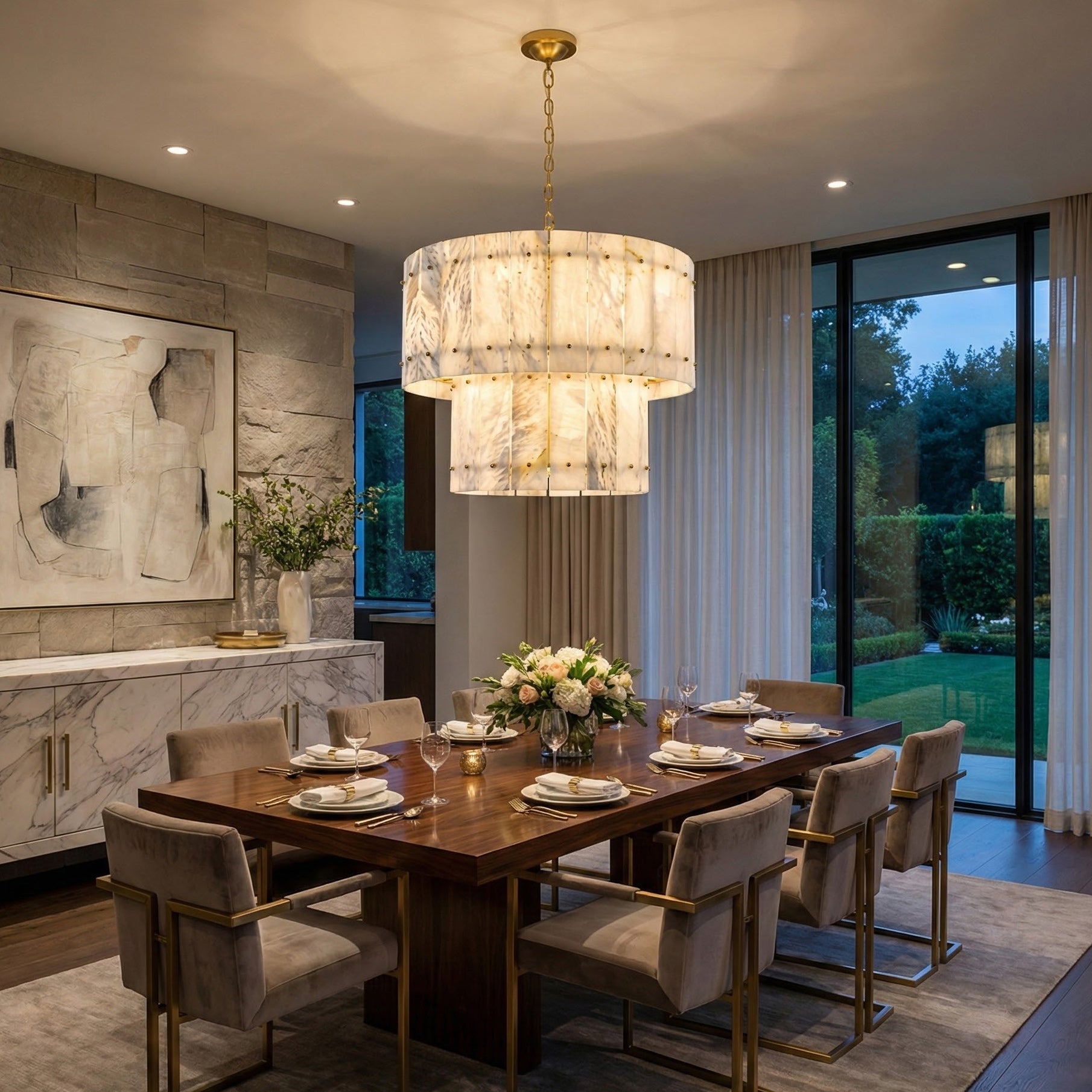 Akoya Contemporary Alabaster Art Round Alabaster Chandelier