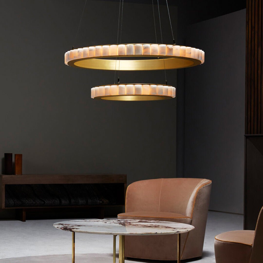 Orion Double Ring Alabaster Chandelier - Blowlighting
