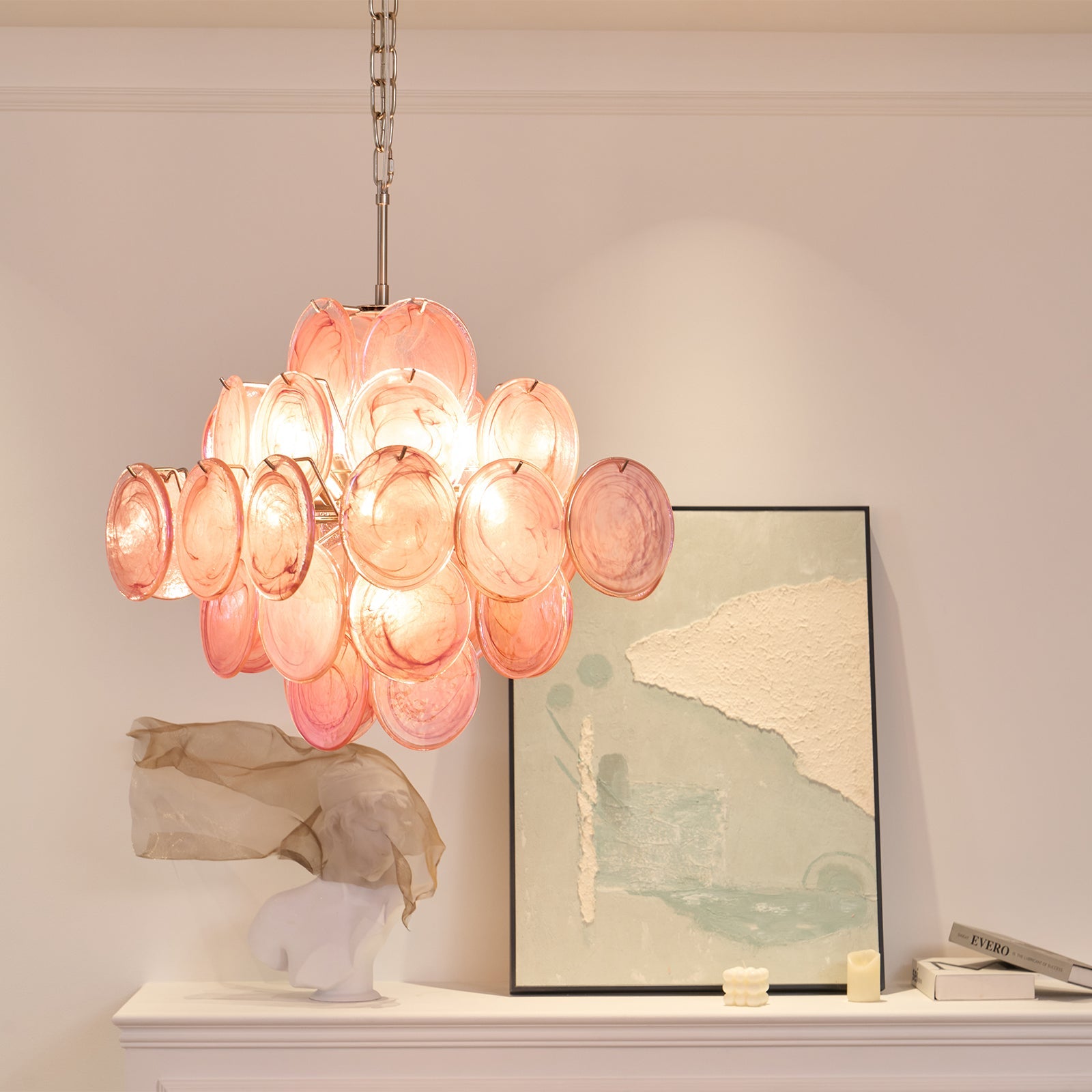 Aurora Chandelier Pink Glass Disc Layered Romantic - Blowlighting