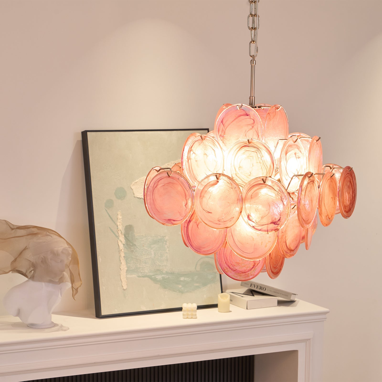 Aurora Chandelier Pink Glass Disc Layered Romantic - Blowlighting