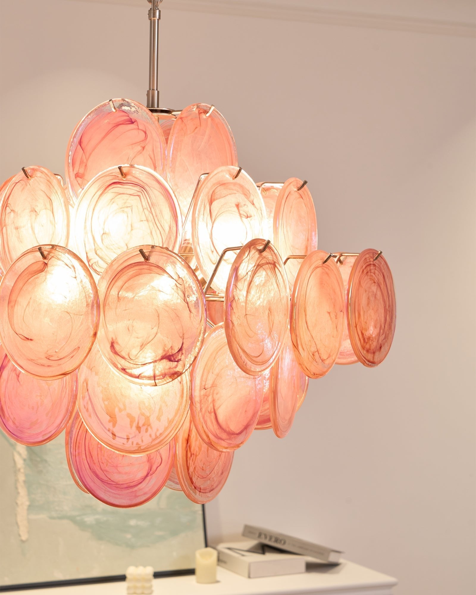 Aurora Chandelier Pink Glass Disc Layered Romantic - Blowlighting