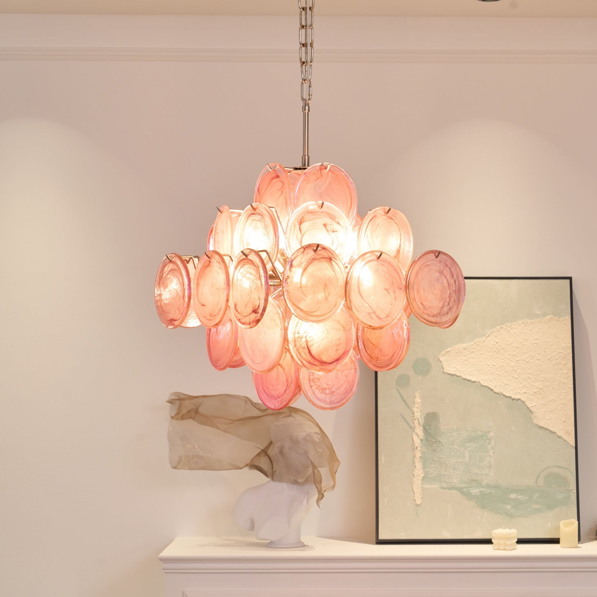 Aurora Chandelier Pink Glass Disc Layered Romantic - Blowlighting