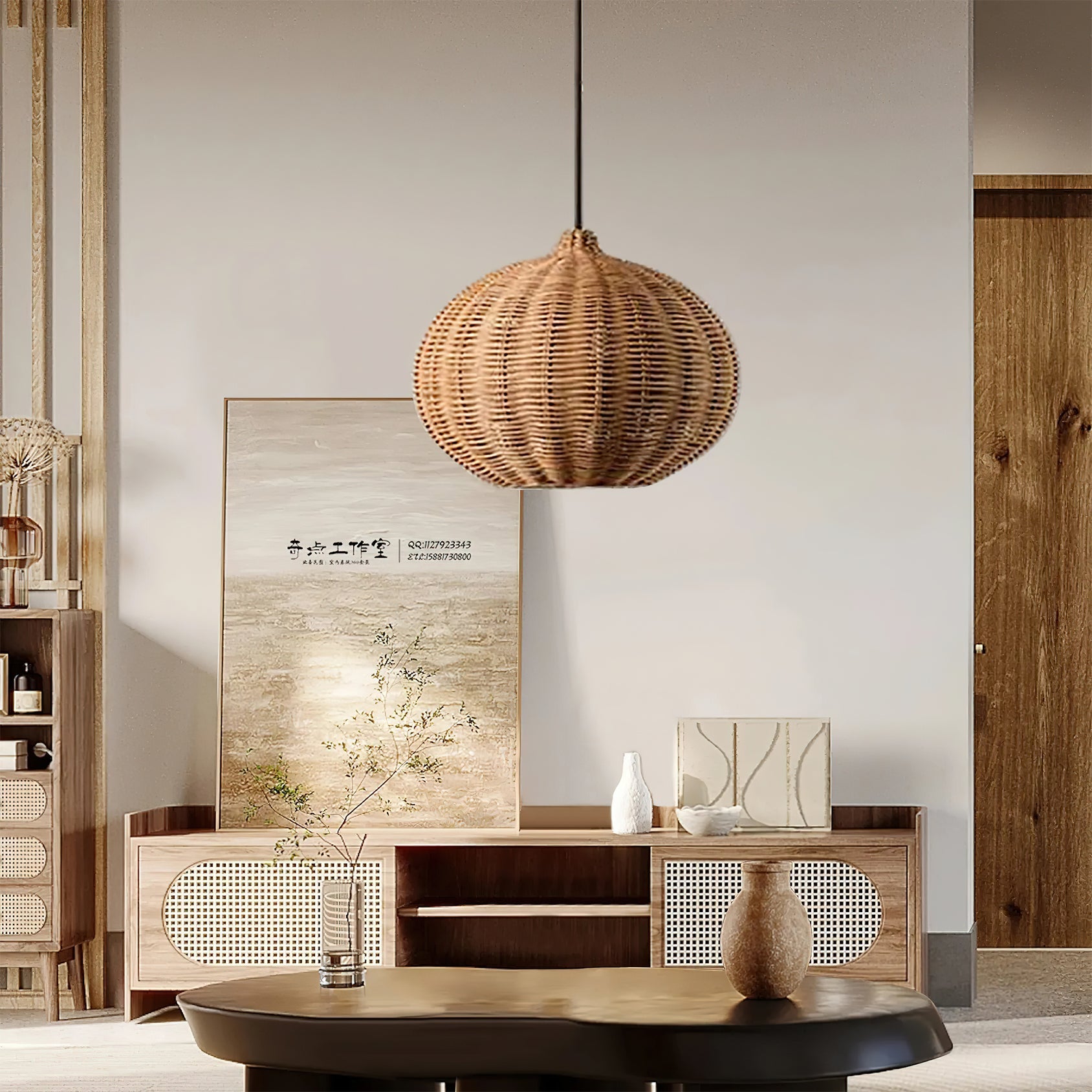Beliani Oriental Rattan Pendant Light