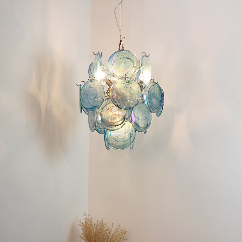 Aurora Chandelier Blue Murano Glass Disc Vintage - Blowlighting