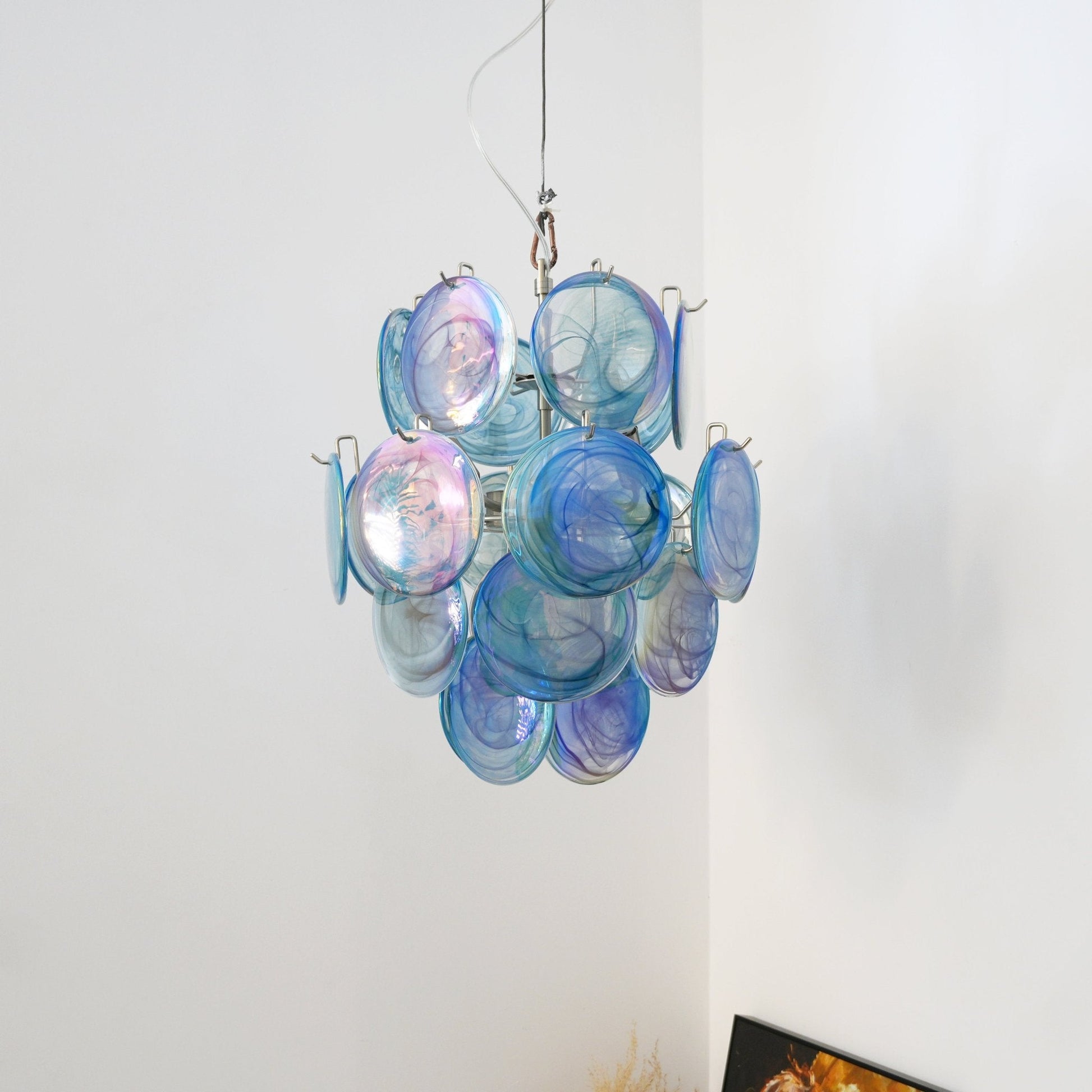 Aurora Chandelier Blue Murano Glass Disc Vintage - Blowlighting