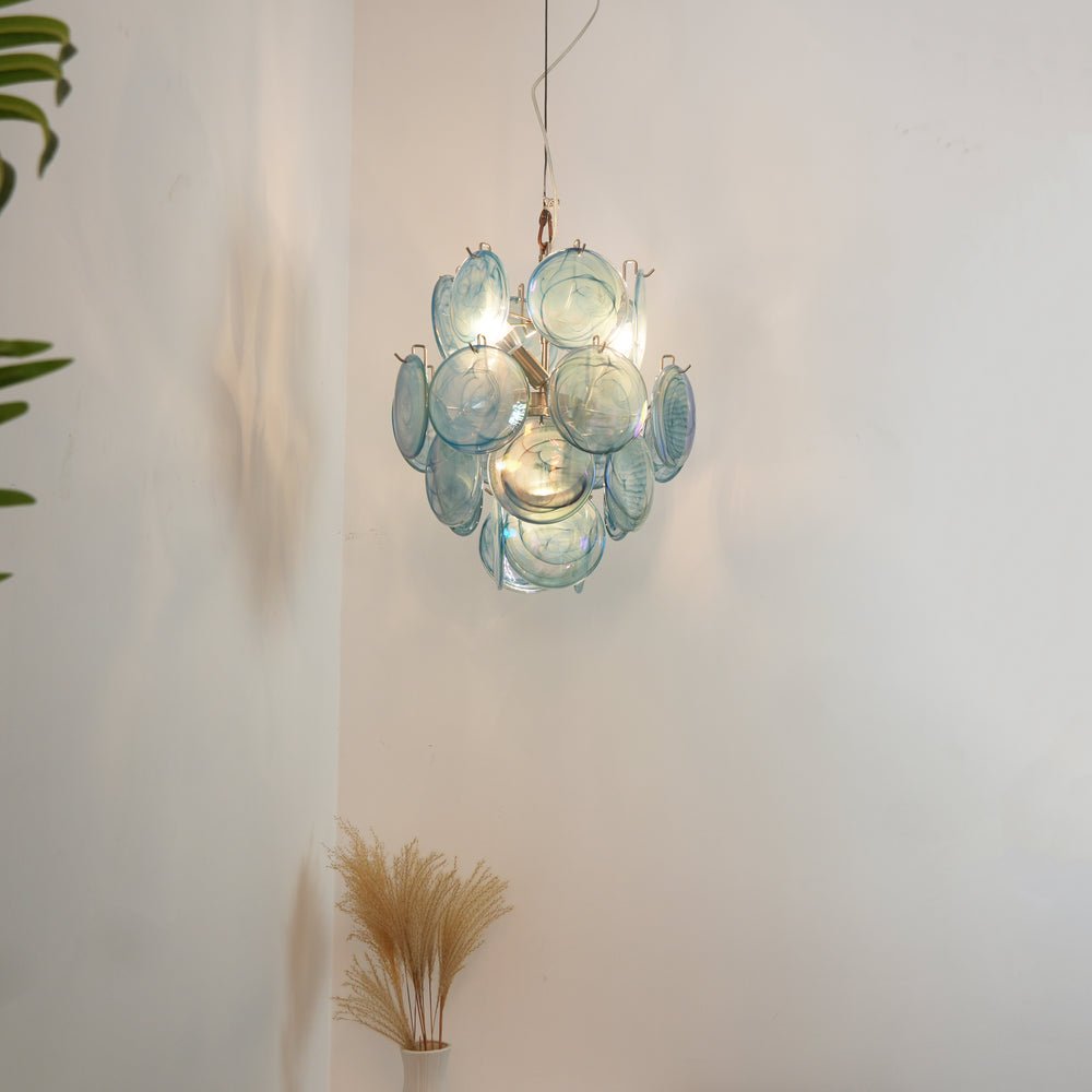 Aurora Chandelier Blue Murano Glass Disc Vintage - Blowlighting
