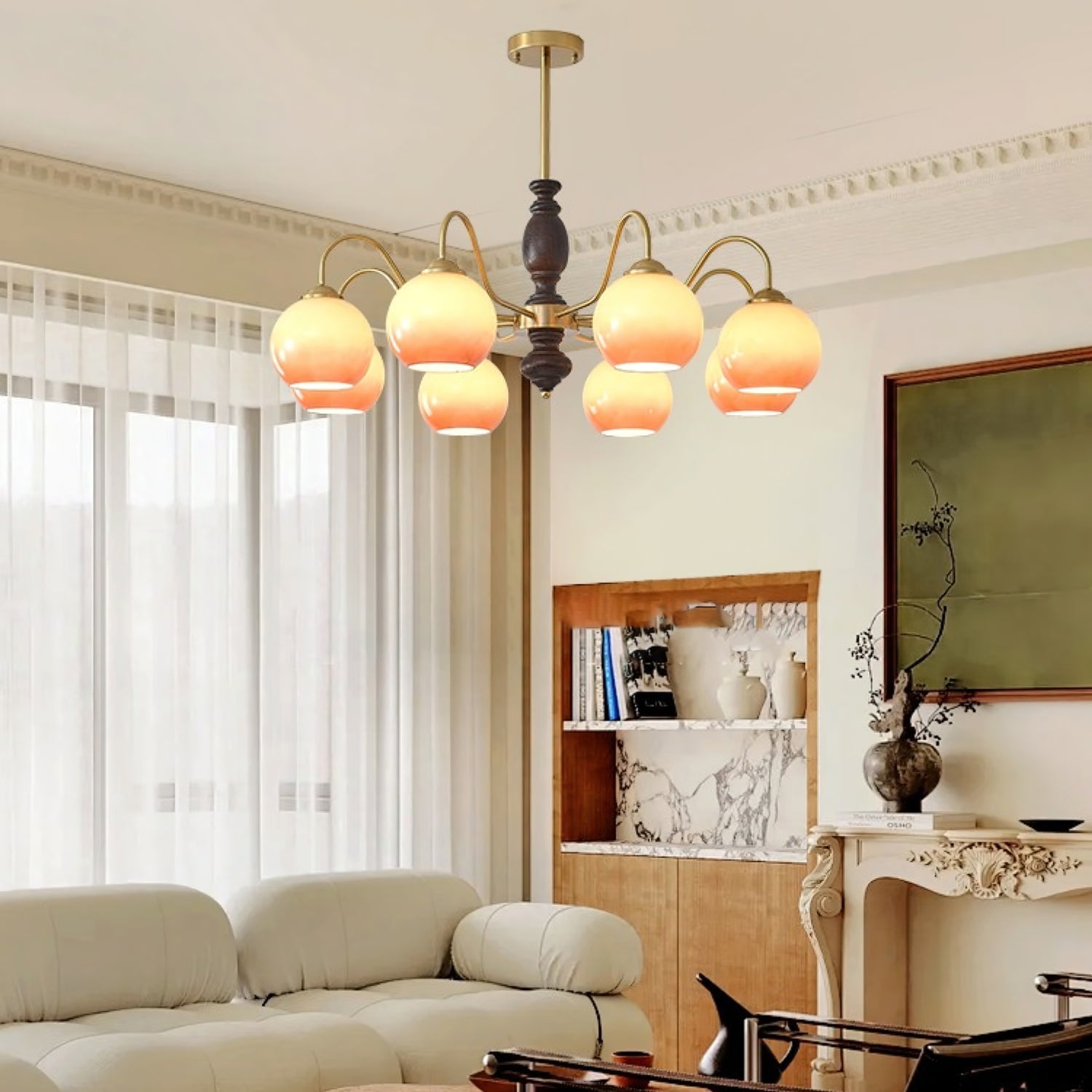 Aurora Chandelier Caramel Orb Curved Arm - Blowlighting