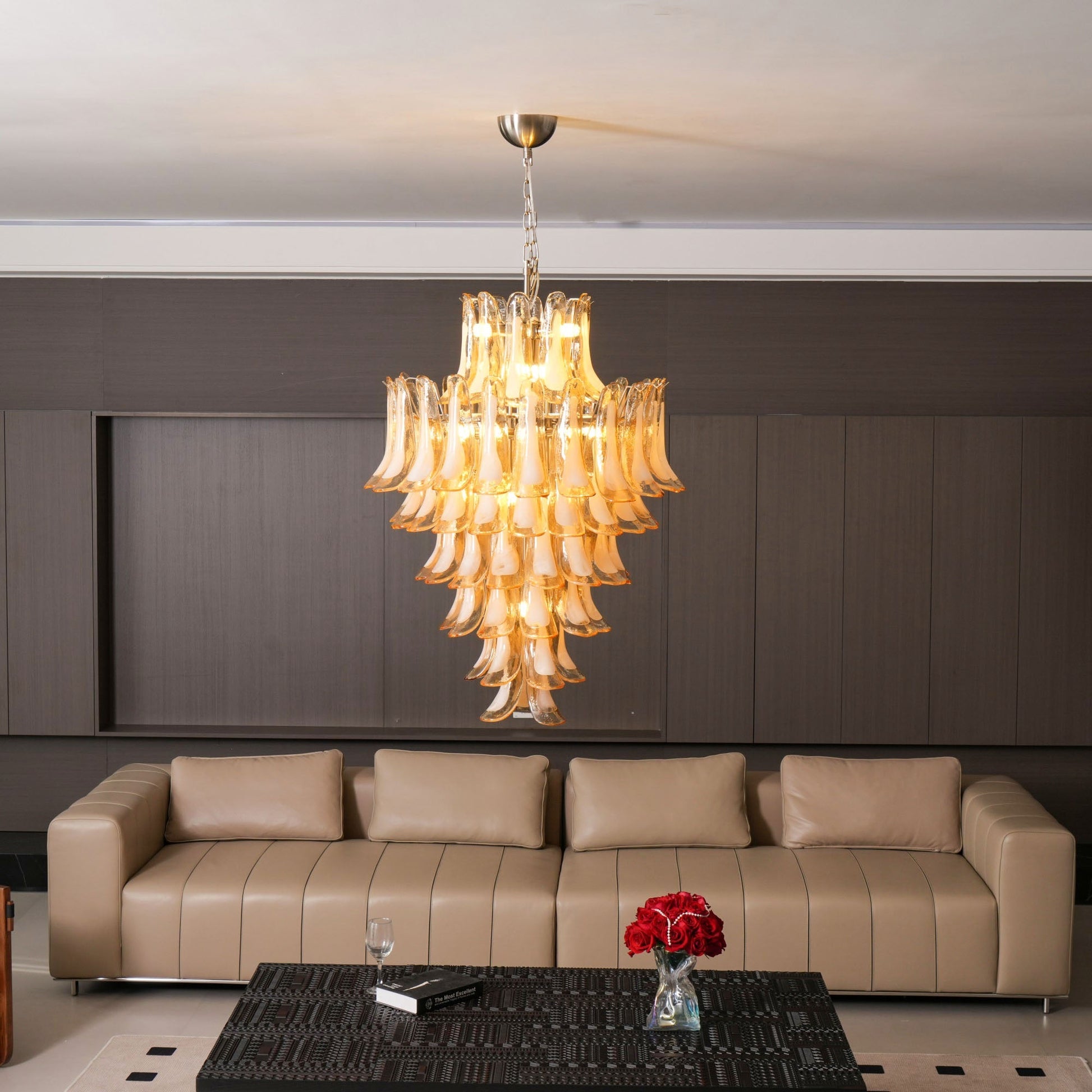 Aurora Chandelier Amber Murano Glass Petal Layered Luxury - Blowlighting