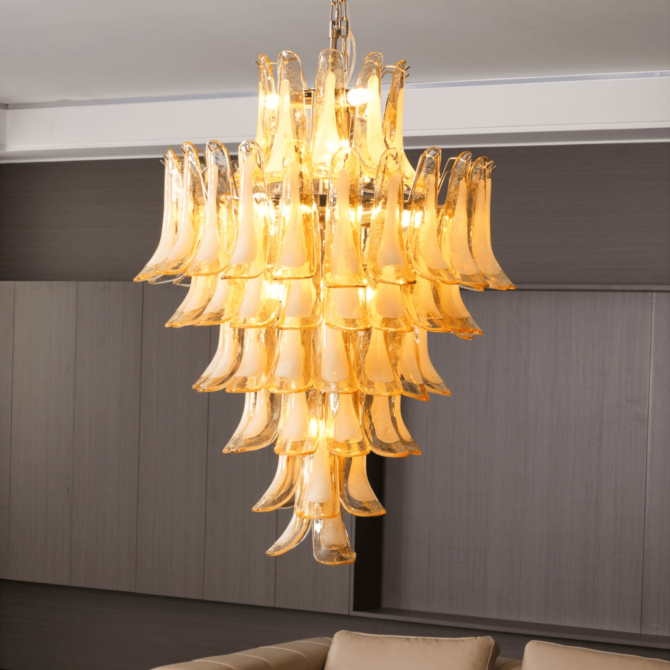 Aurora Chandelier Amber Murano Glass Petal Layered Luxury - Blowlighting