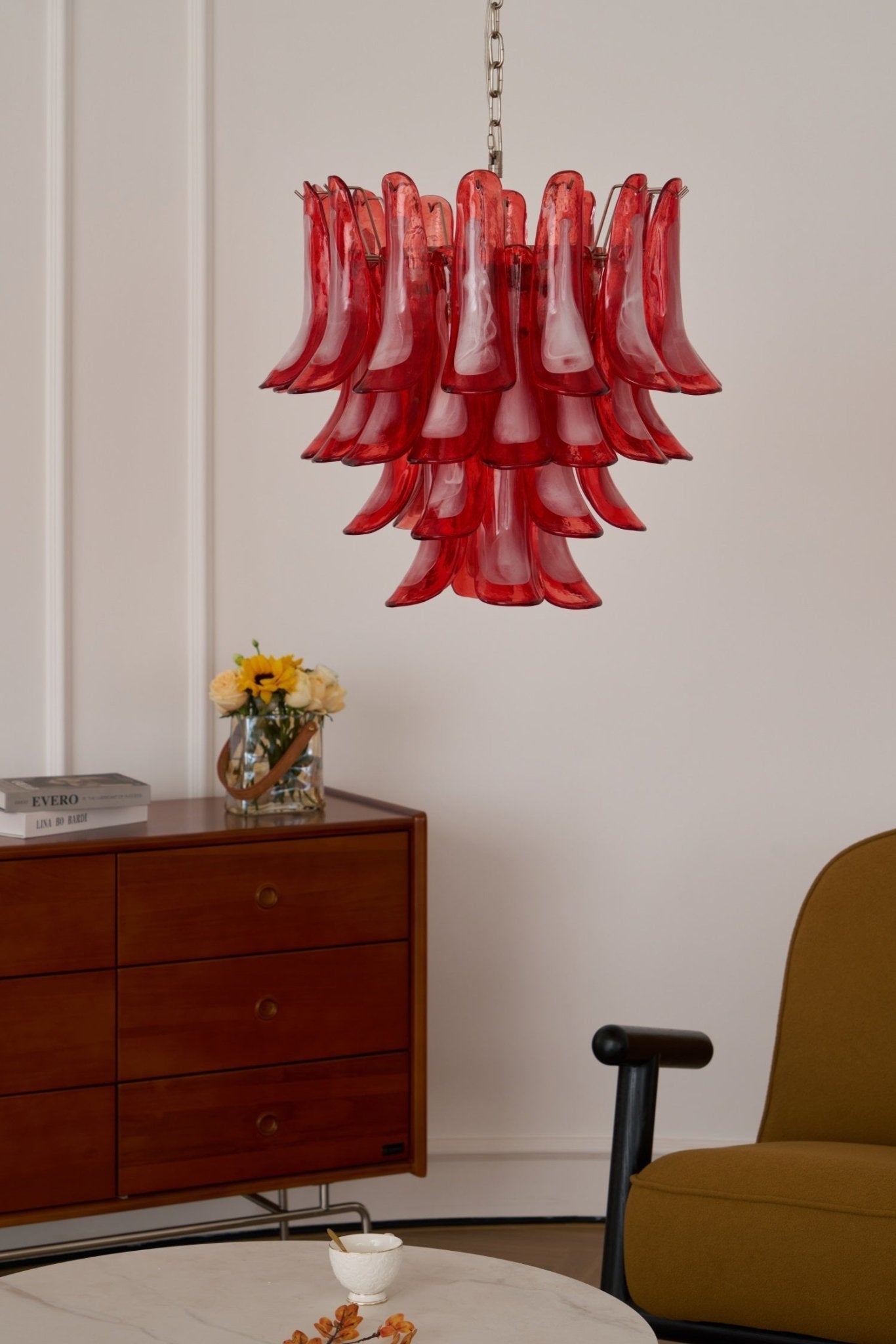 Aurora Chandelier Crimson Murano Glass Petals Layered Vintage - Blowlighting