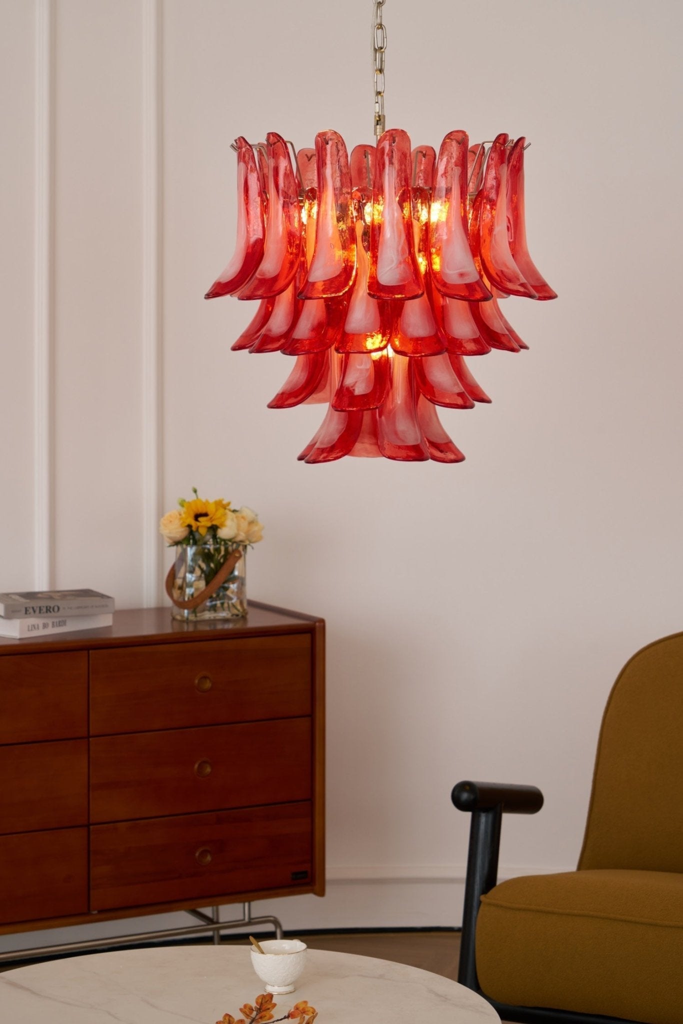 Aurora Chandelier Crimson Murano Glass Petals Layered Vintage - Blowlighting