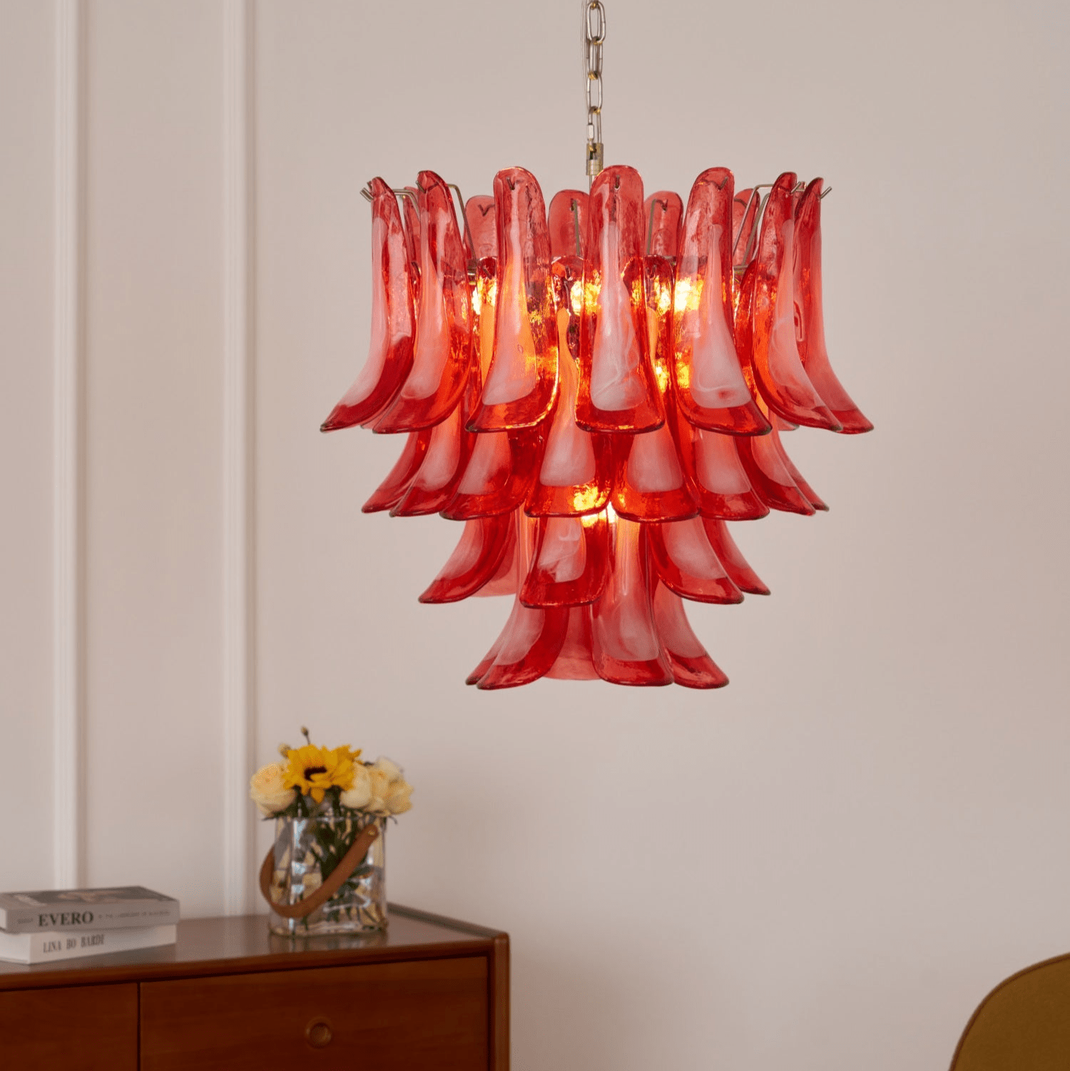 Aurora Chandelier Crimson Murano Glass Petals Layered Vintage - Blowlighting