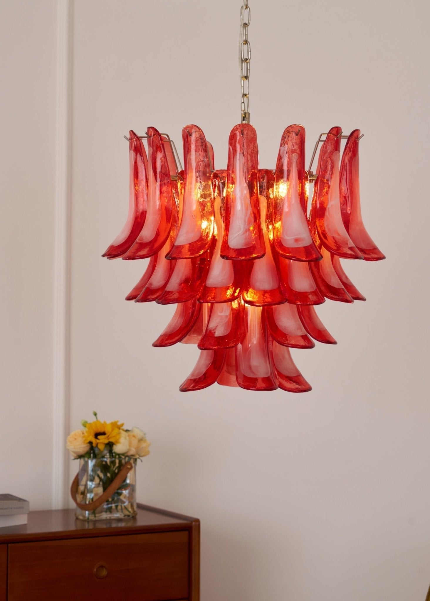 Aurora Chandelier Crimson Murano Glass Petals Layered Vintage - Blowlighting