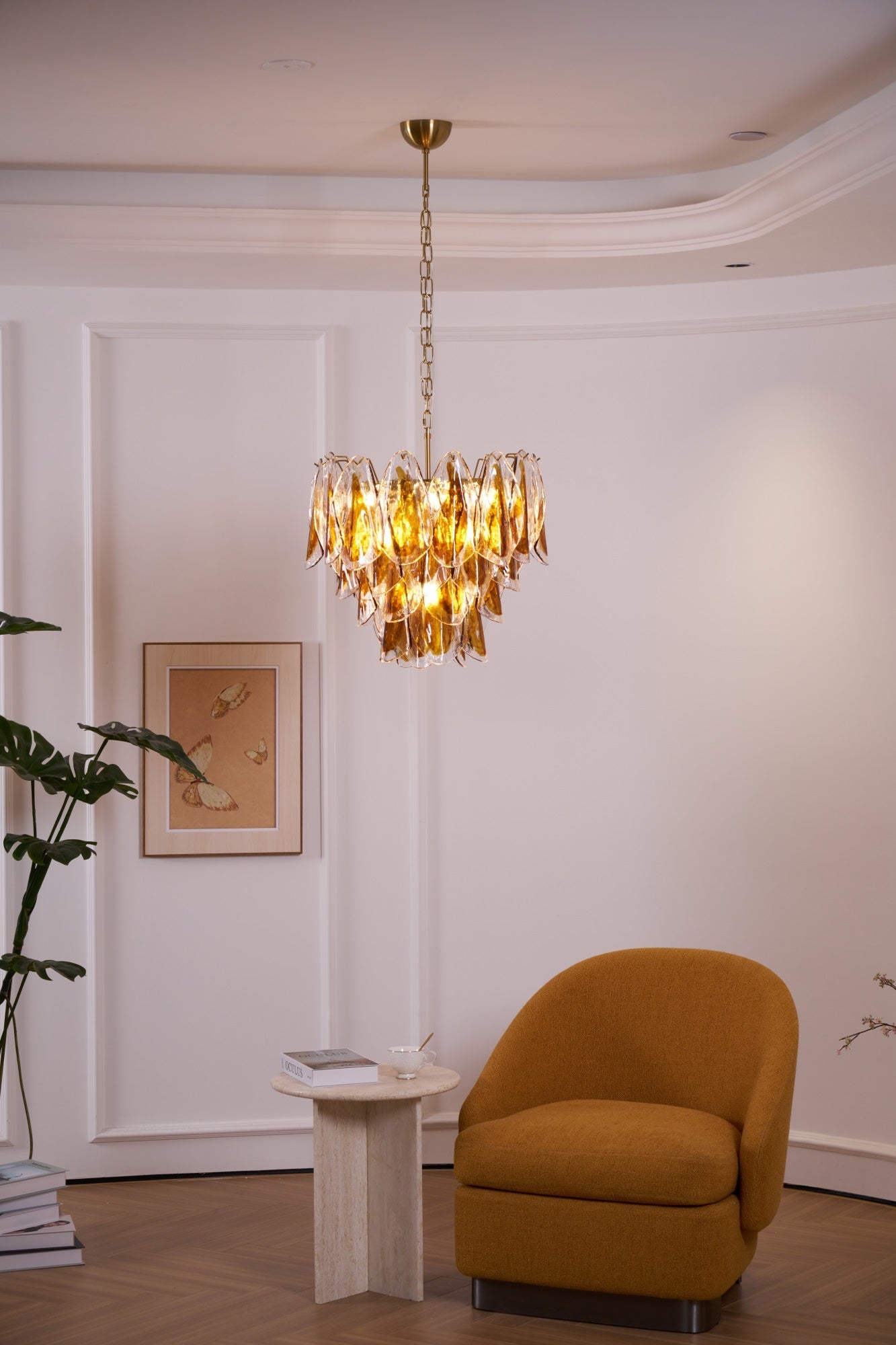 Aurora Chandelier Amber Leaf Glass Layered Organic Warmth - Blowlighting
