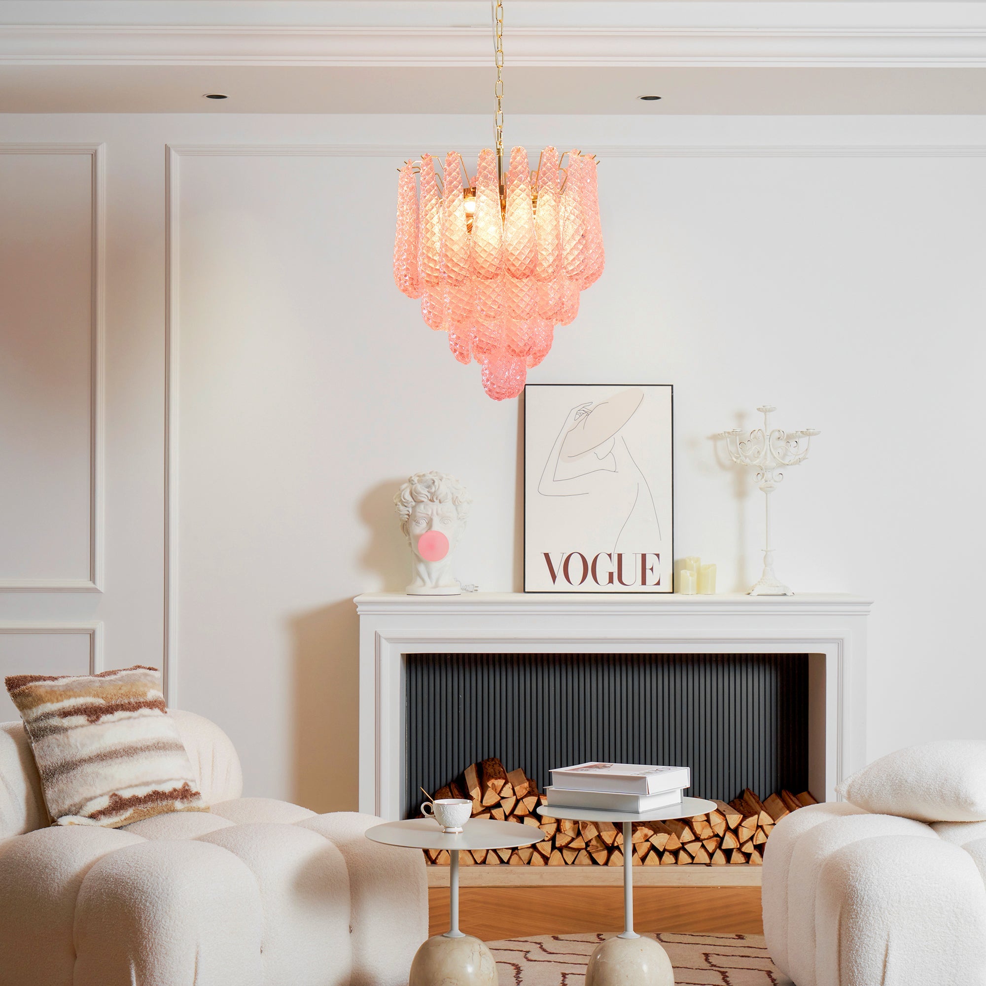 Aurora Chandelier Pink Droplet Murano Glass Diamond Pattern Waterfall - Blowlighting