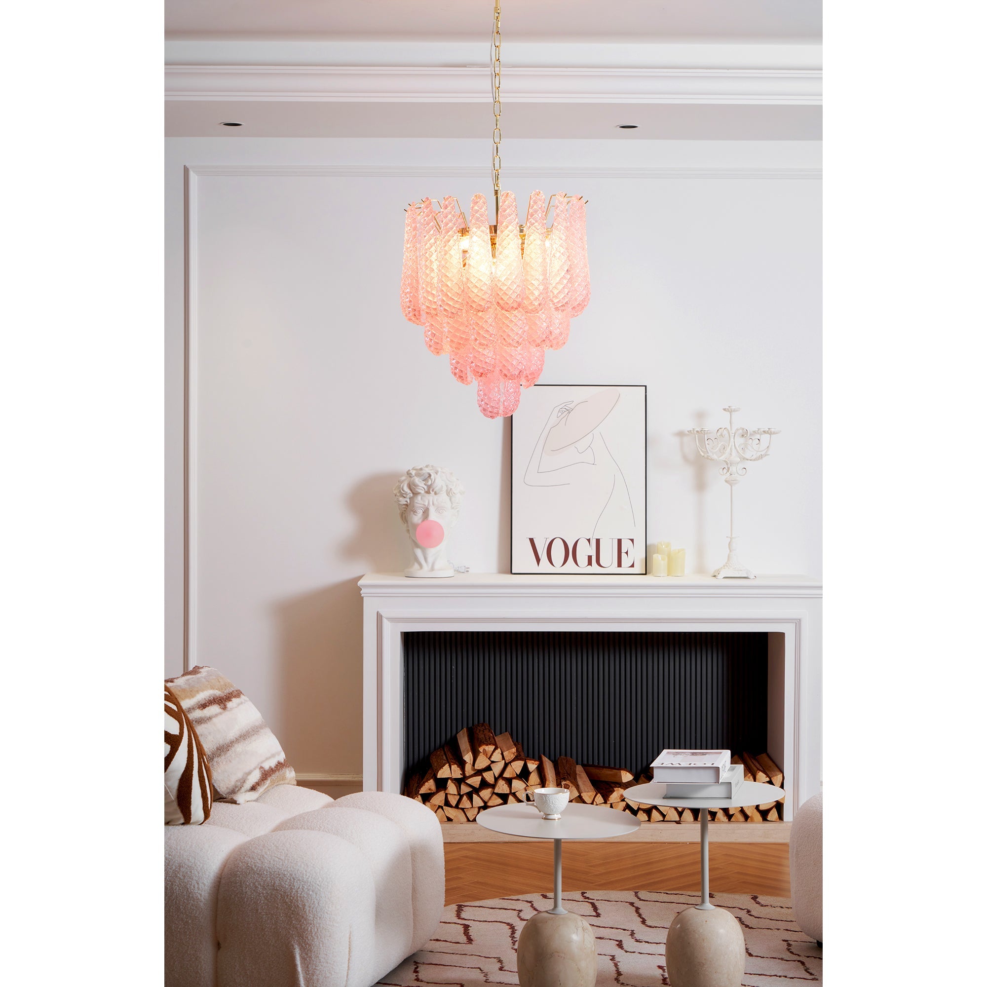 Aurora Chandelier Pink Droplet Murano Glass Diamond Pattern Waterfall - Blowlighting