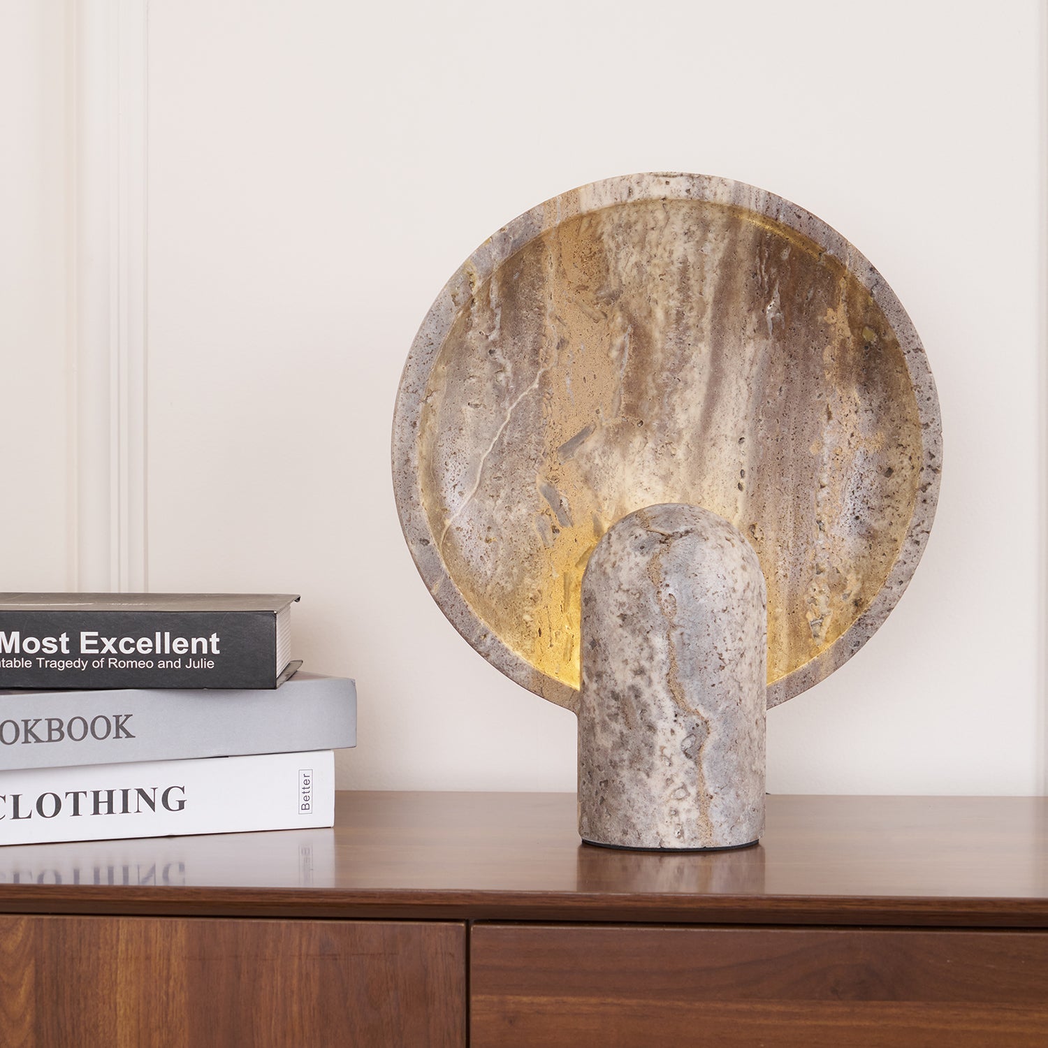 Cavenyra Saucer-Base Travertine Table Lamp - Blowlighting