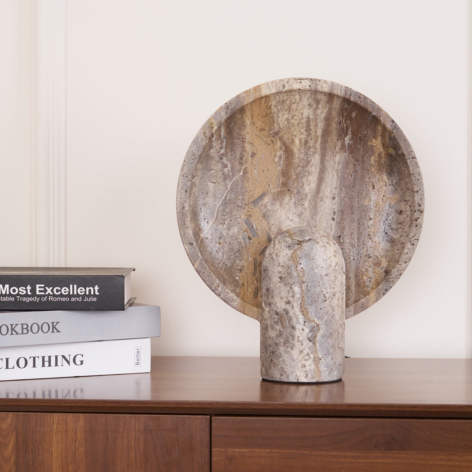 Cavenyra Saucer-Base Travertine Table Lamp - Blowlighting