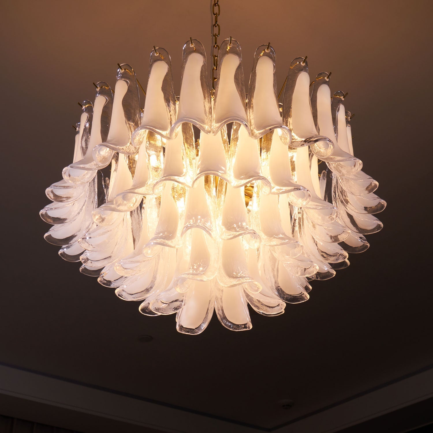 Aurora Chandelier Pink Glass Leaf Layered Floral Glamour - Blowlighting