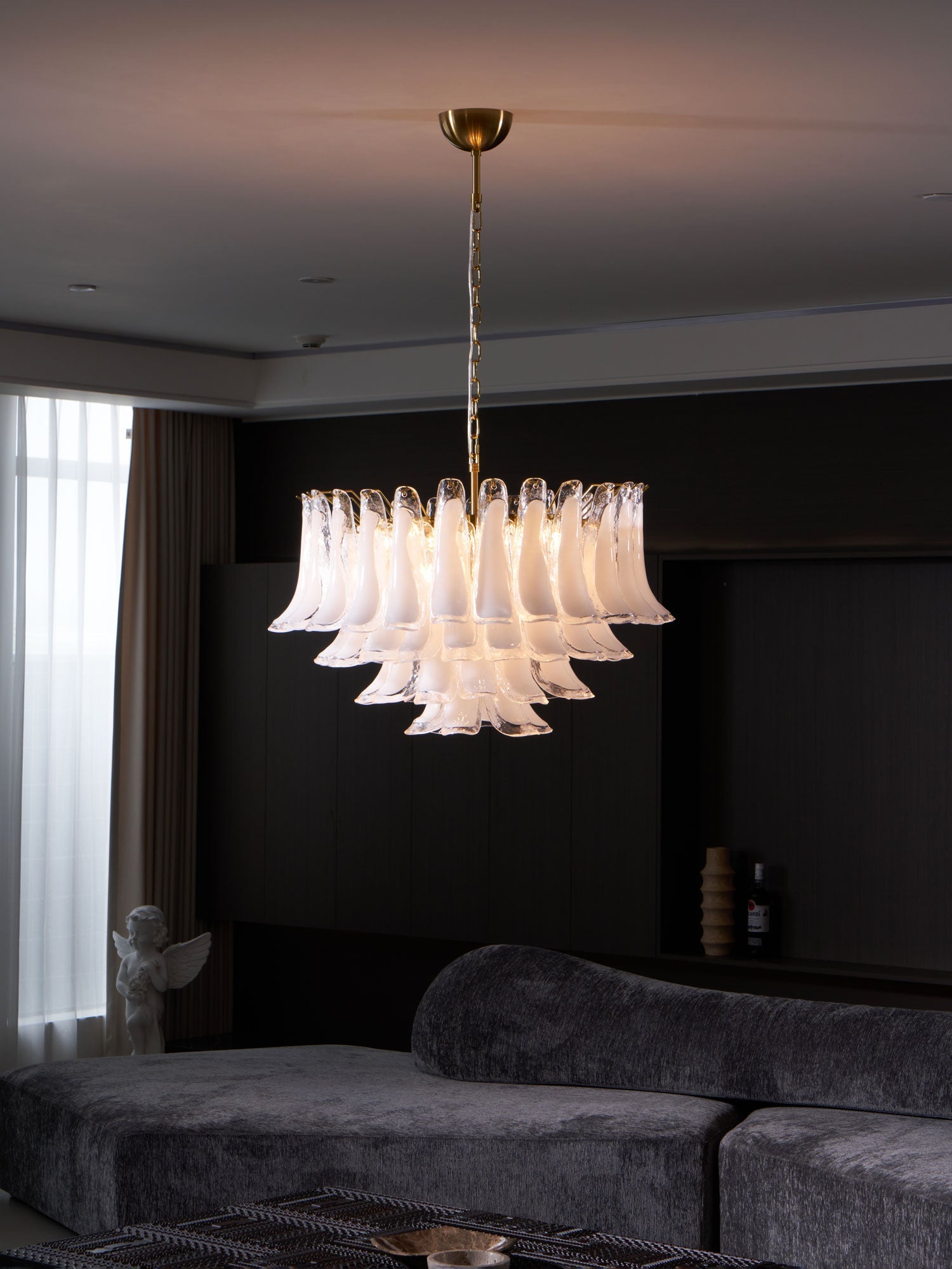 Aurora Chandelier Pink Glass Leaf Layered Floral Glamour - Blowlighting