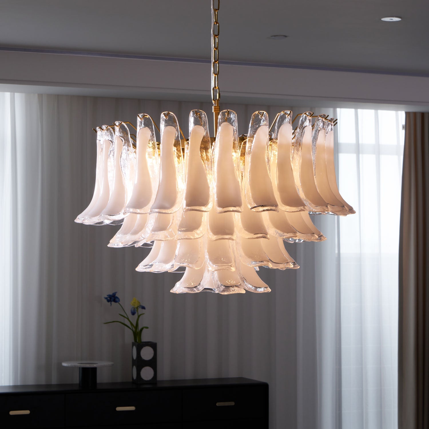 Aurora Chandelier Pink Glass Leaf Layered Floral Glamour - Blowlighting