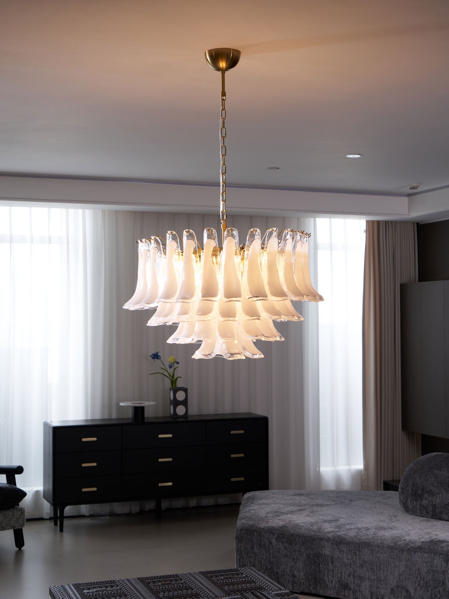 Aurora Chandelier Pink Glass Leaf Layered Floral Glamour - Blowlighting