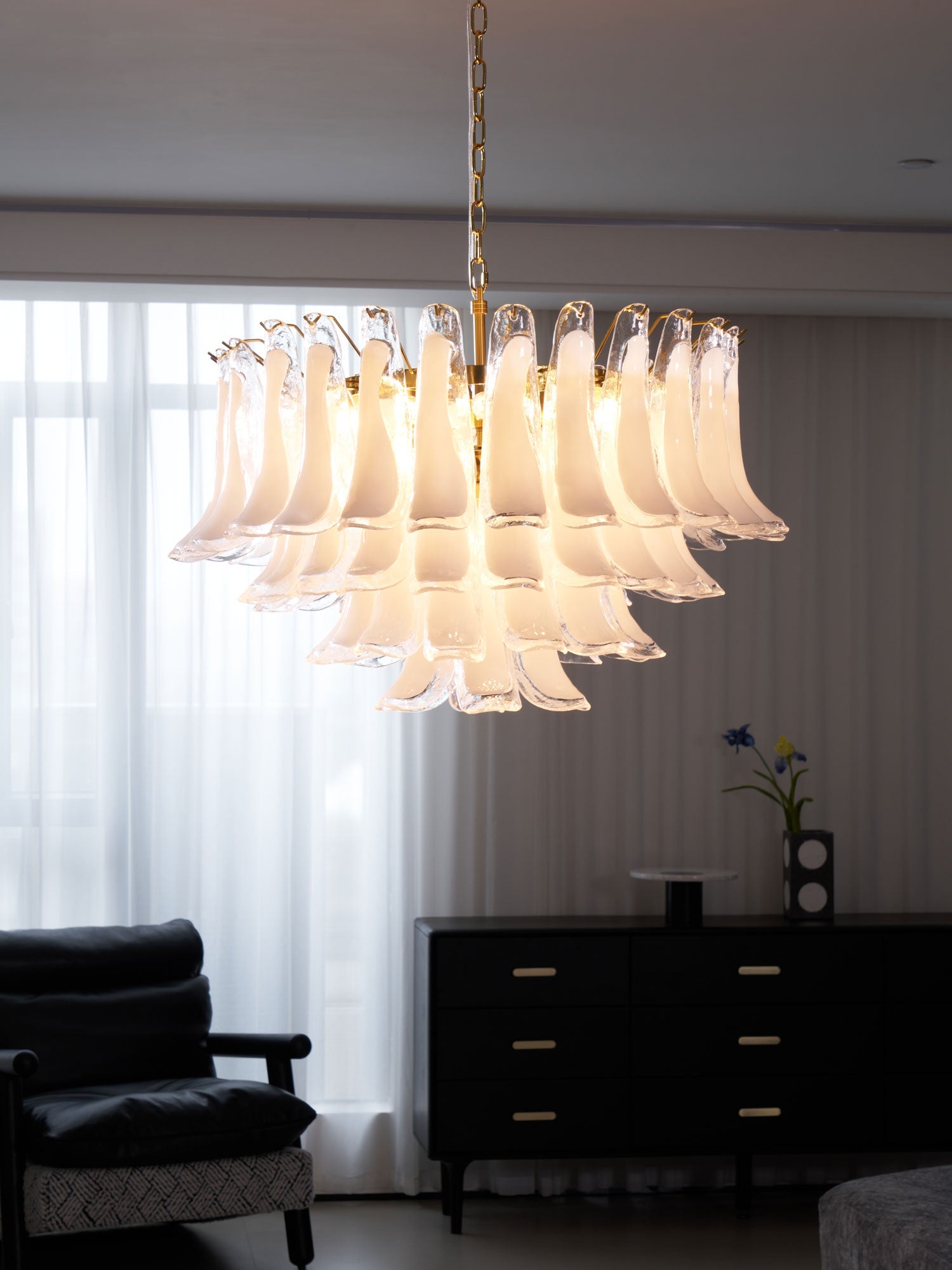 Aurora Chandelier Pink Glass Leaf Layered Floral Glamour - Blowlighting