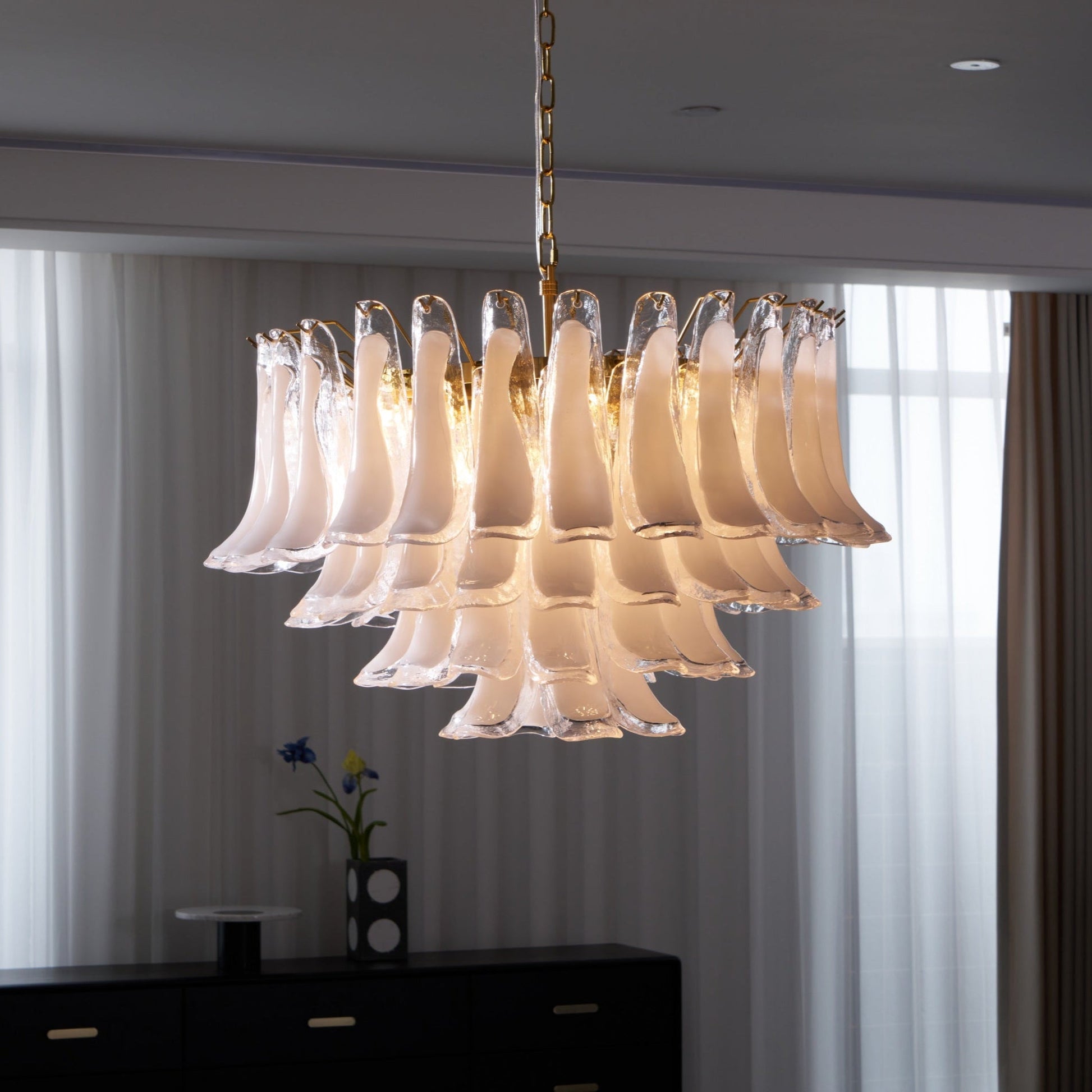 Aurora Chandelier Pink Glass Leaf Layered Floral Glamour - Blowlighting