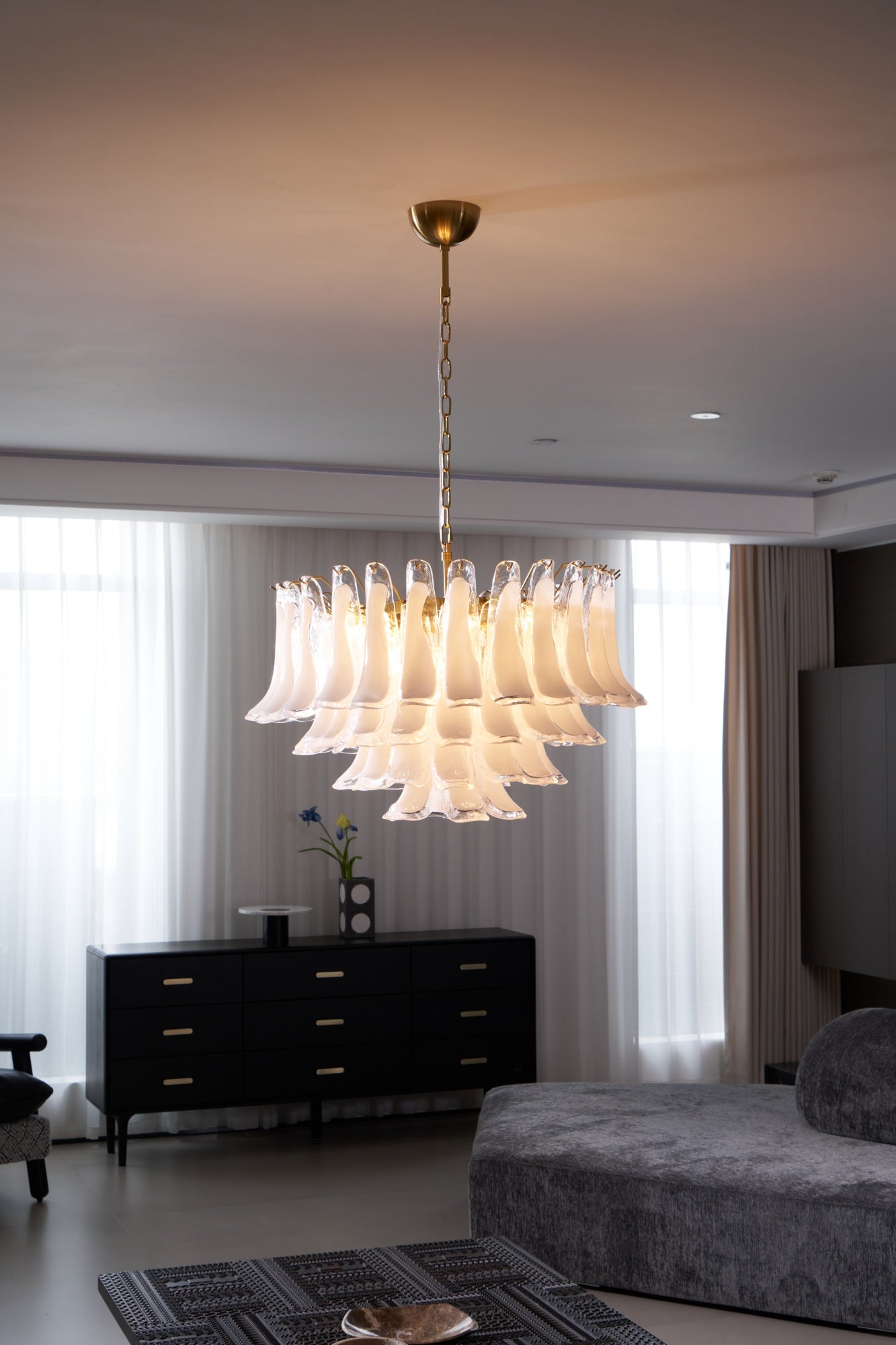 Aurora Chandelier Pink Glass Leaf Layered Floral Glamour - Blowlighting