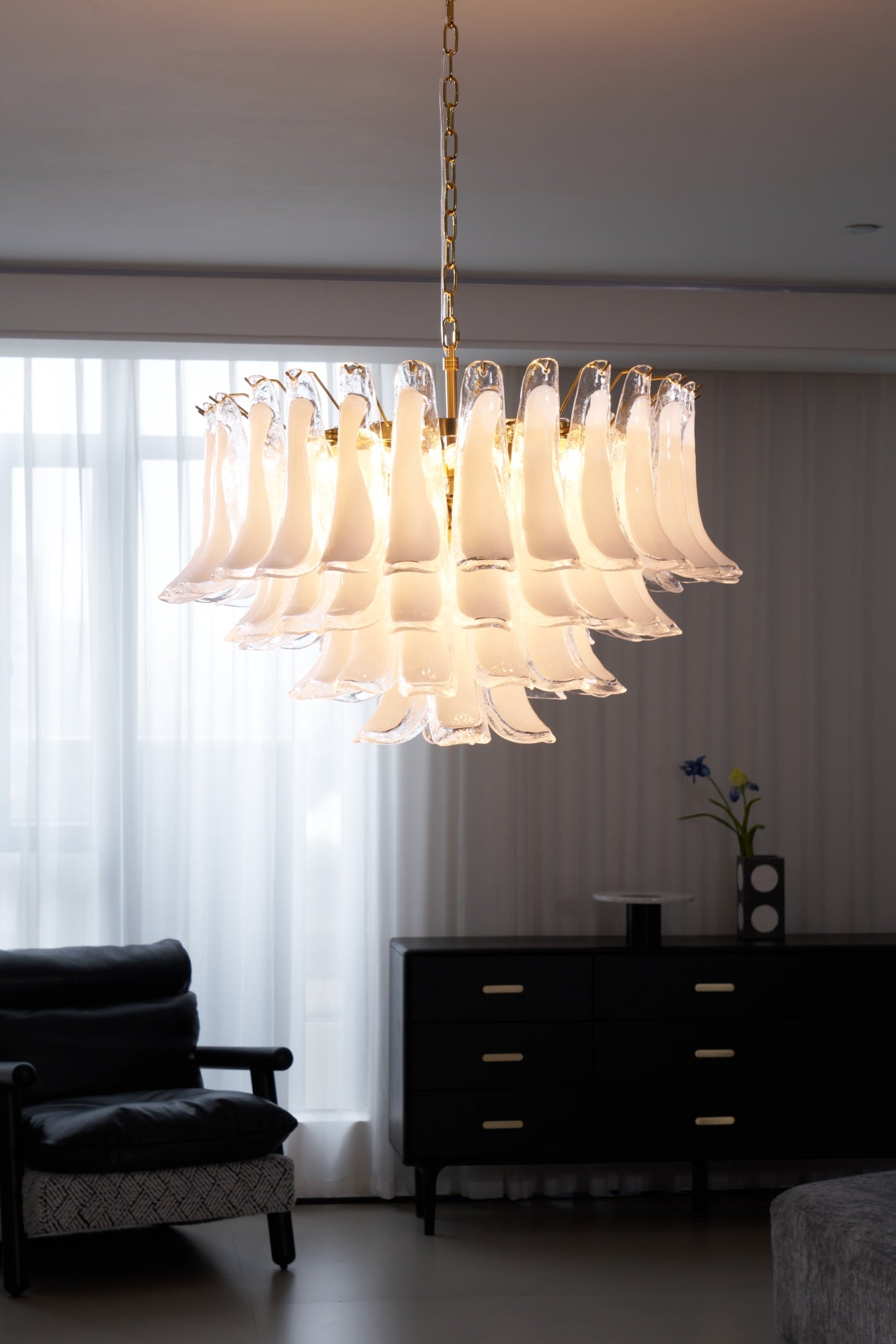 Aurora Chandelier Pink Glass Leaf Layered Floral Glamour - Blowlighting