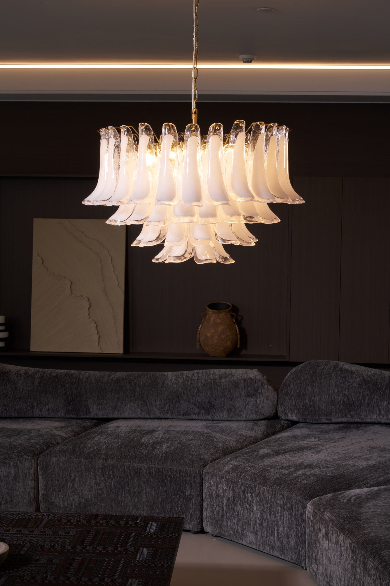 Aurora Chandelier Pink Glass Leaf Layered Floral Glamour - Blowlighting