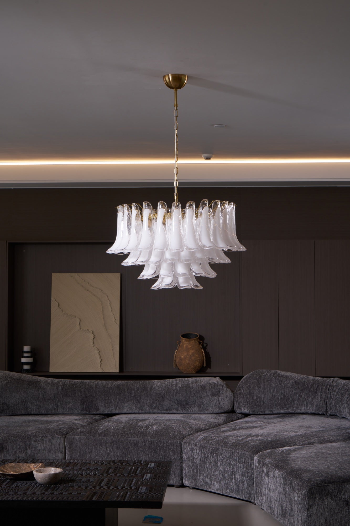 Aurora Chandelier Pink Glass Leaf Layered Floral Glamour - Blowlighting