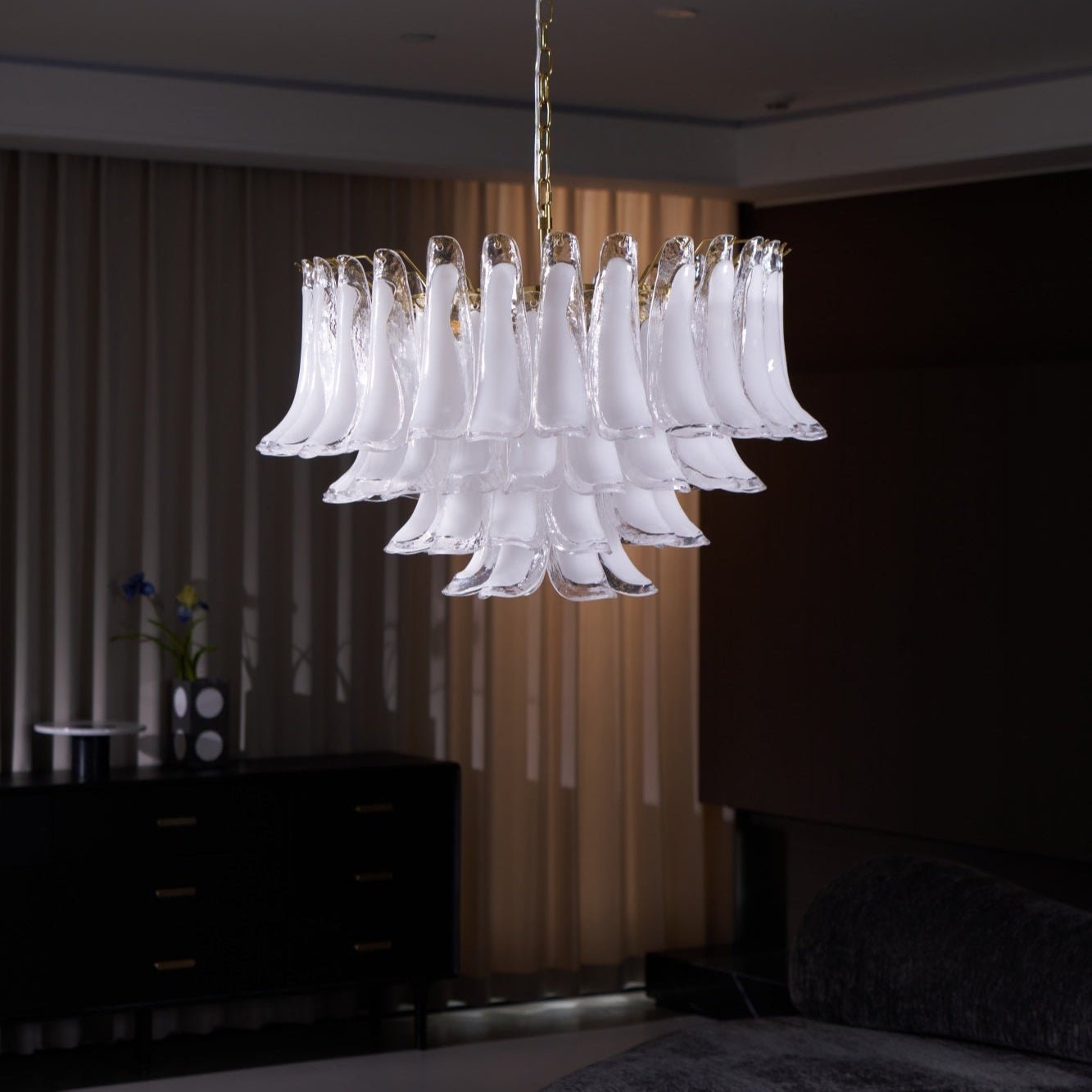 Aurora Chandelier Pink Glass Leaf Layered Floral Glamour - Blowlighting