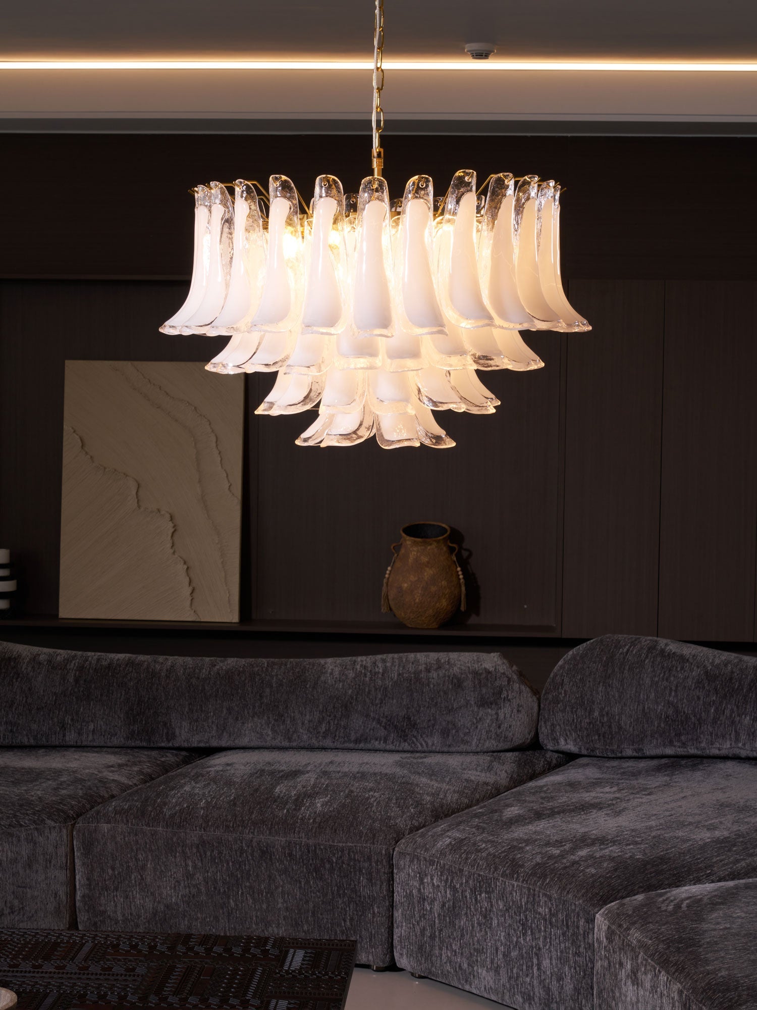 Aurora Chandelier Pink Glass Leaf Layered Floral Glamour - Blowlighting