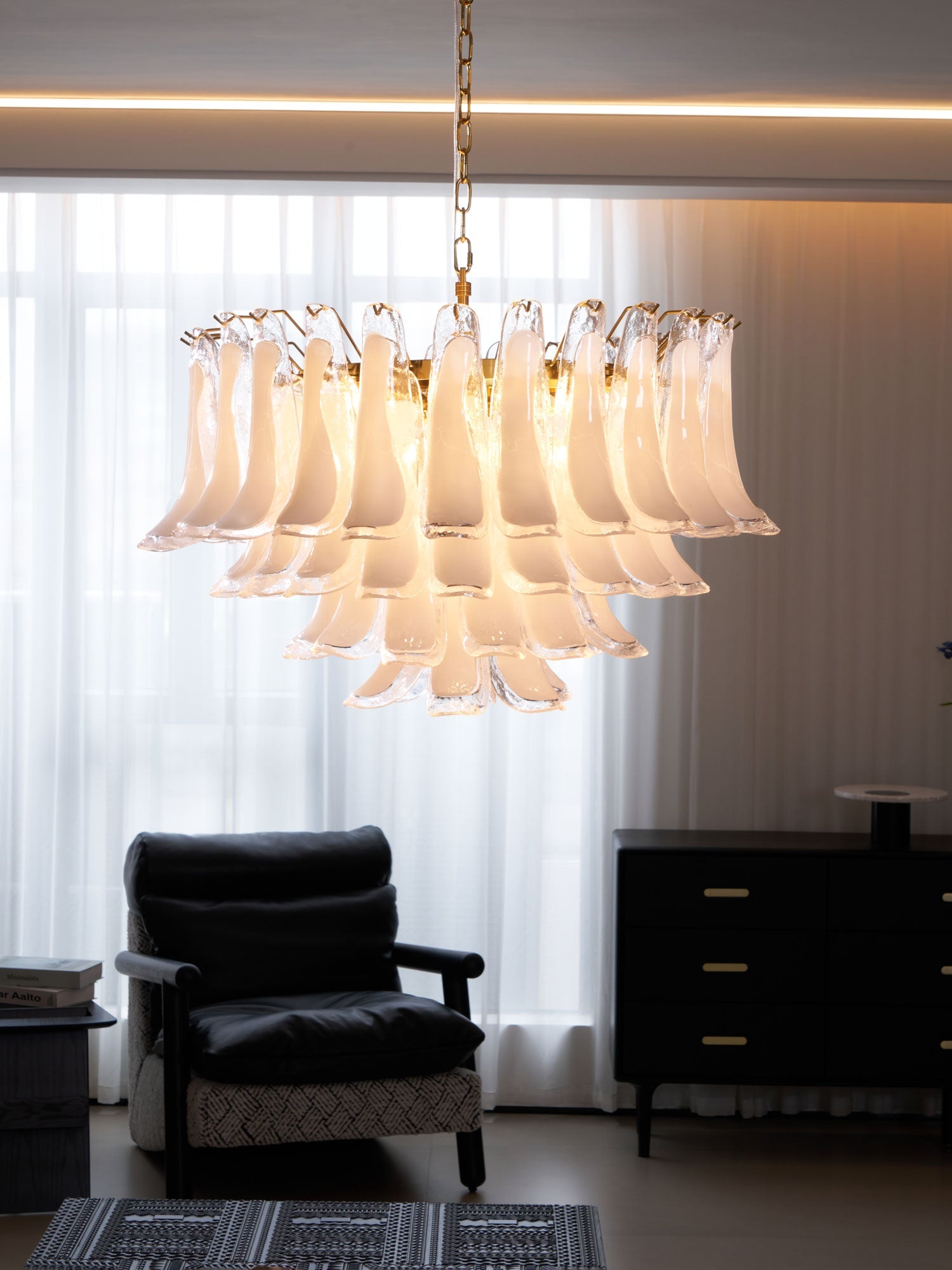 Aurora Chandelier Pink Glass Leaf Layered Floral Glamour - Blowlighting