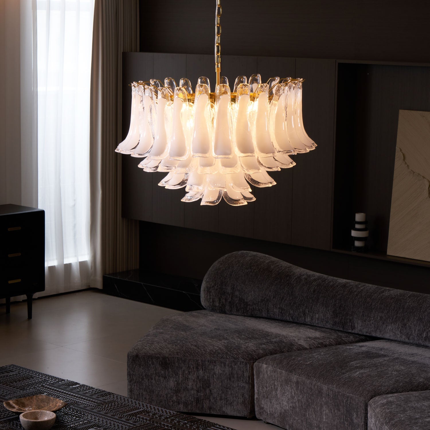 Aurora Chandelier Pink Glass Leaf Layered Floral Glamour - Blowlighting