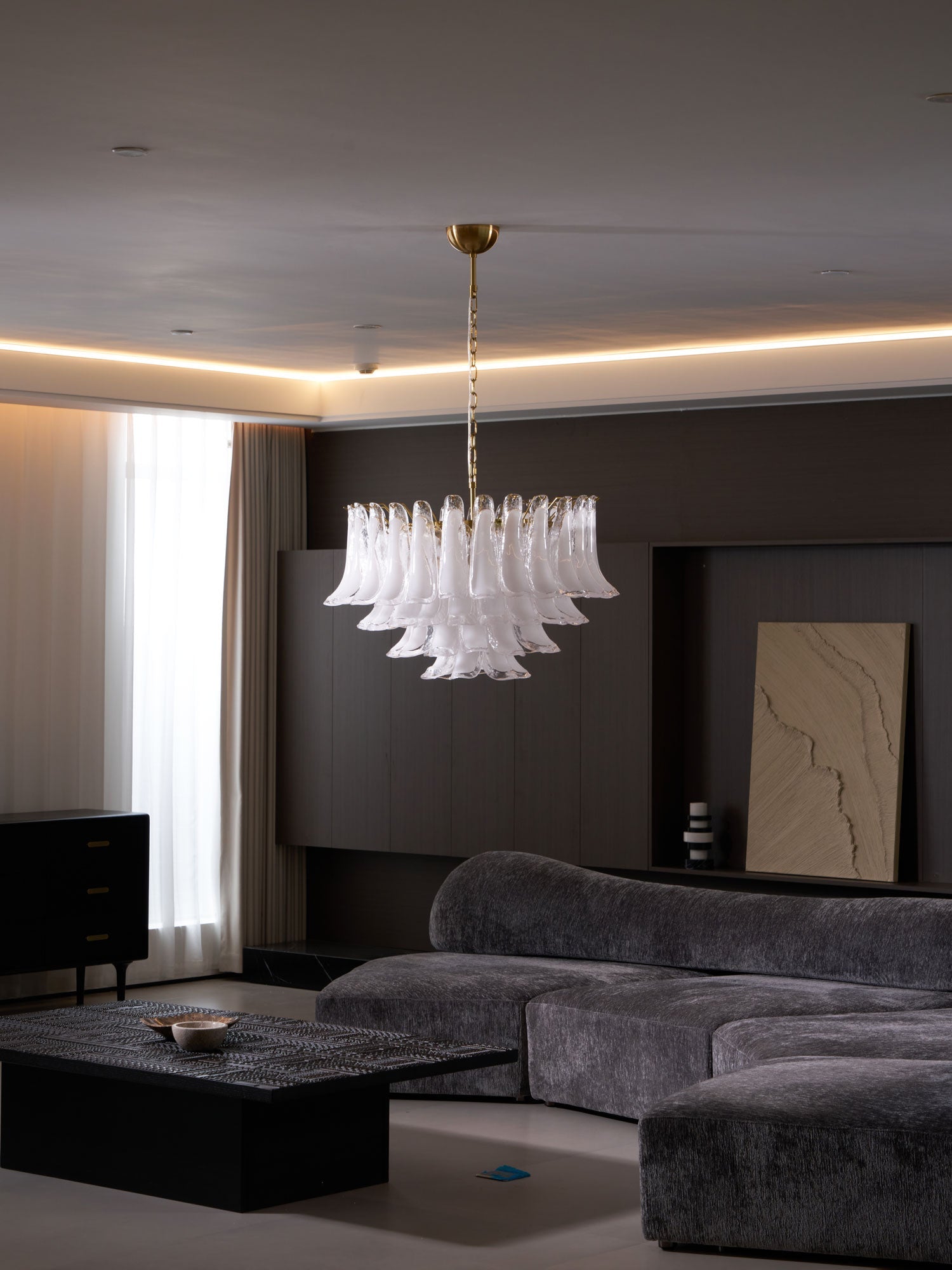 Aurora Chandelier Pink Glass Leaf Layered Floral Glamour - Blowlighting