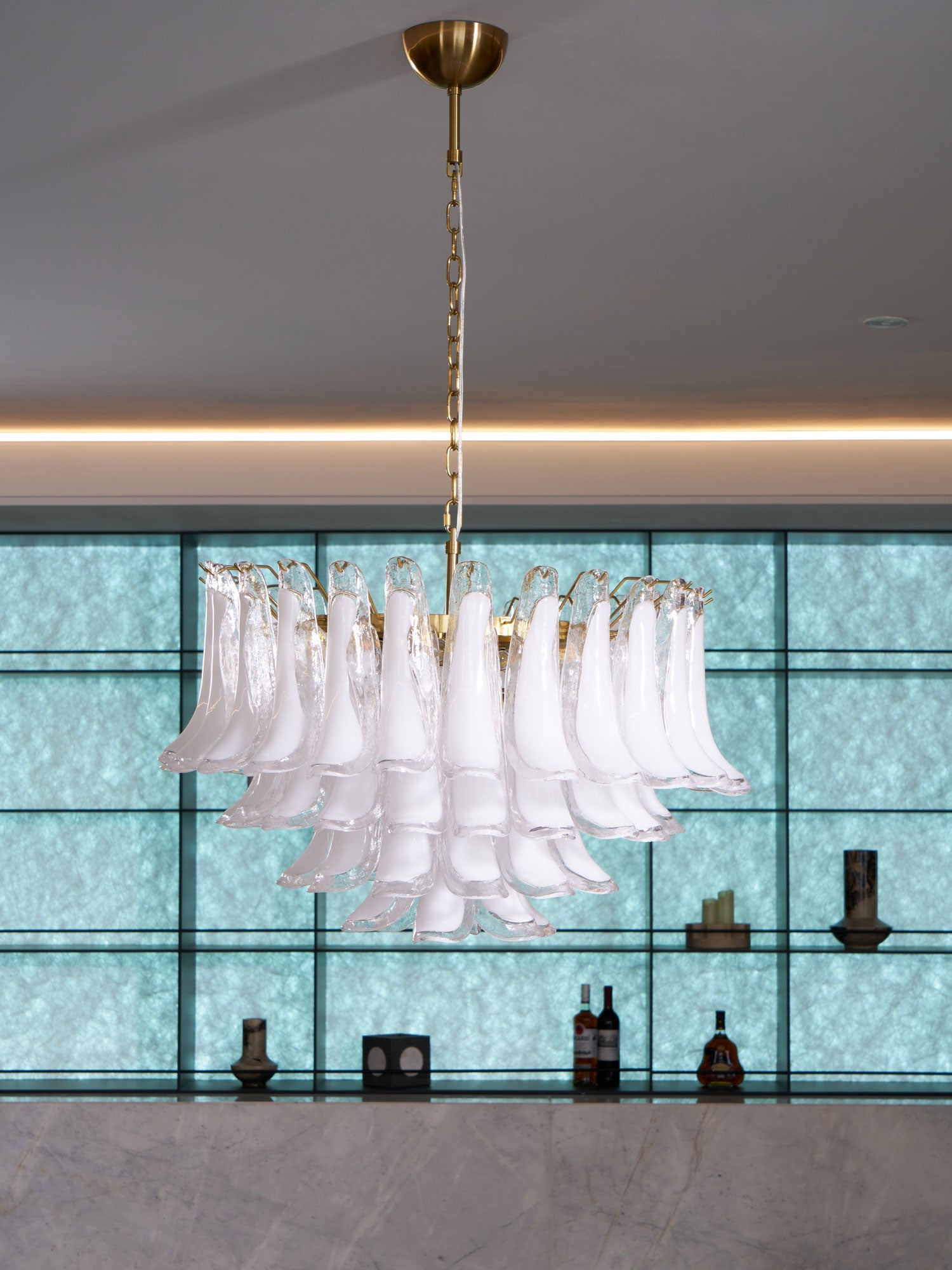 Aurora Chandelier Pink Glass Leaf Layered Floral Glamour - Blowlighting