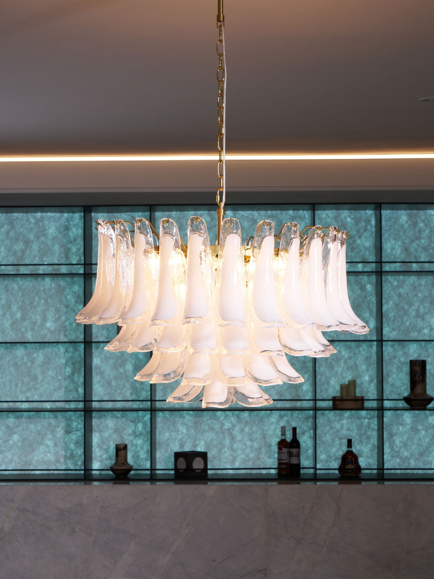 Aurora Chandelier Pink Glass Leaf Layered Floral Glamour - Blowlighting