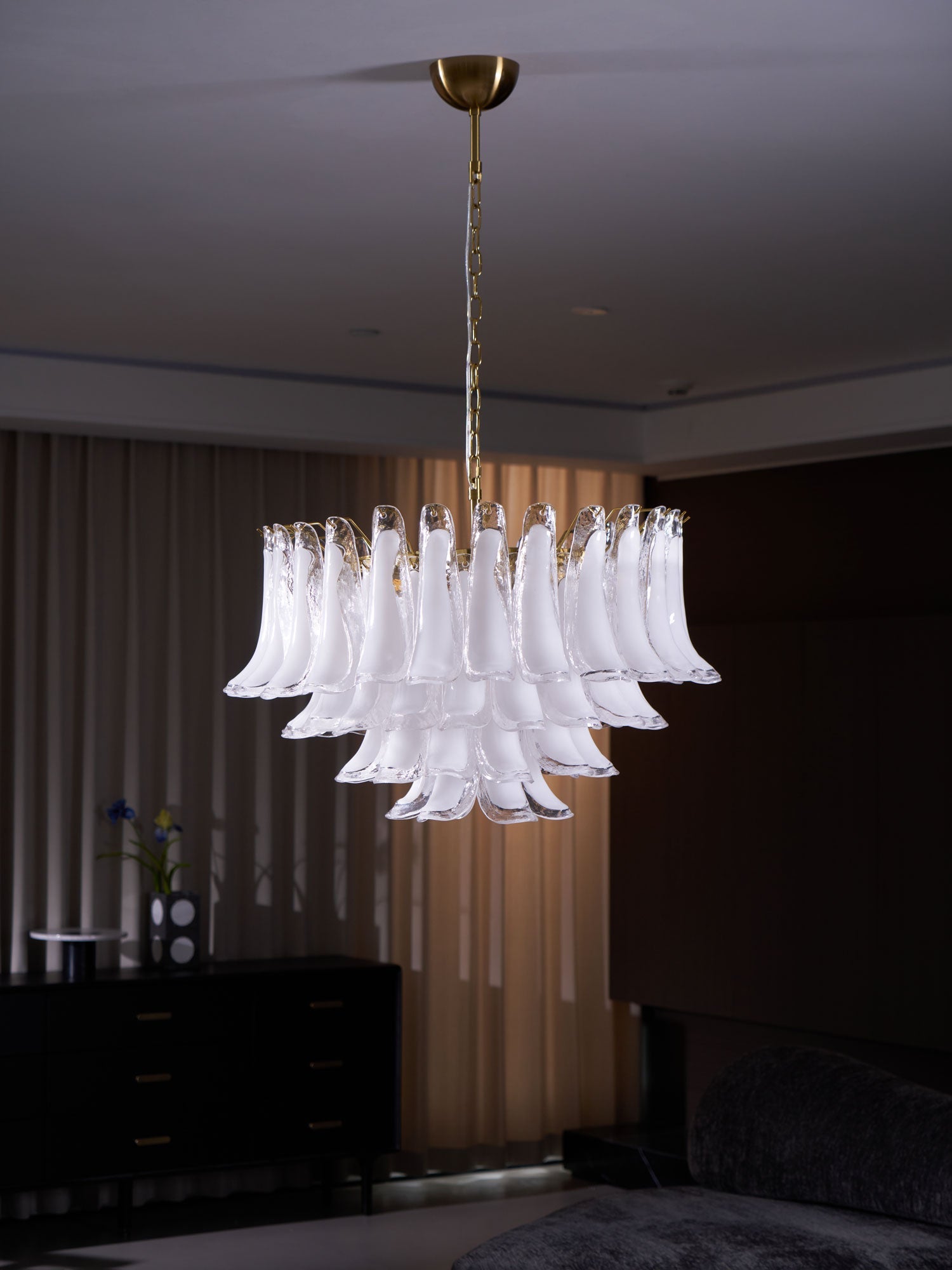 Aurora Chandelier Pink Glass Leaf Layered Floral Glamour - Blowlighting
