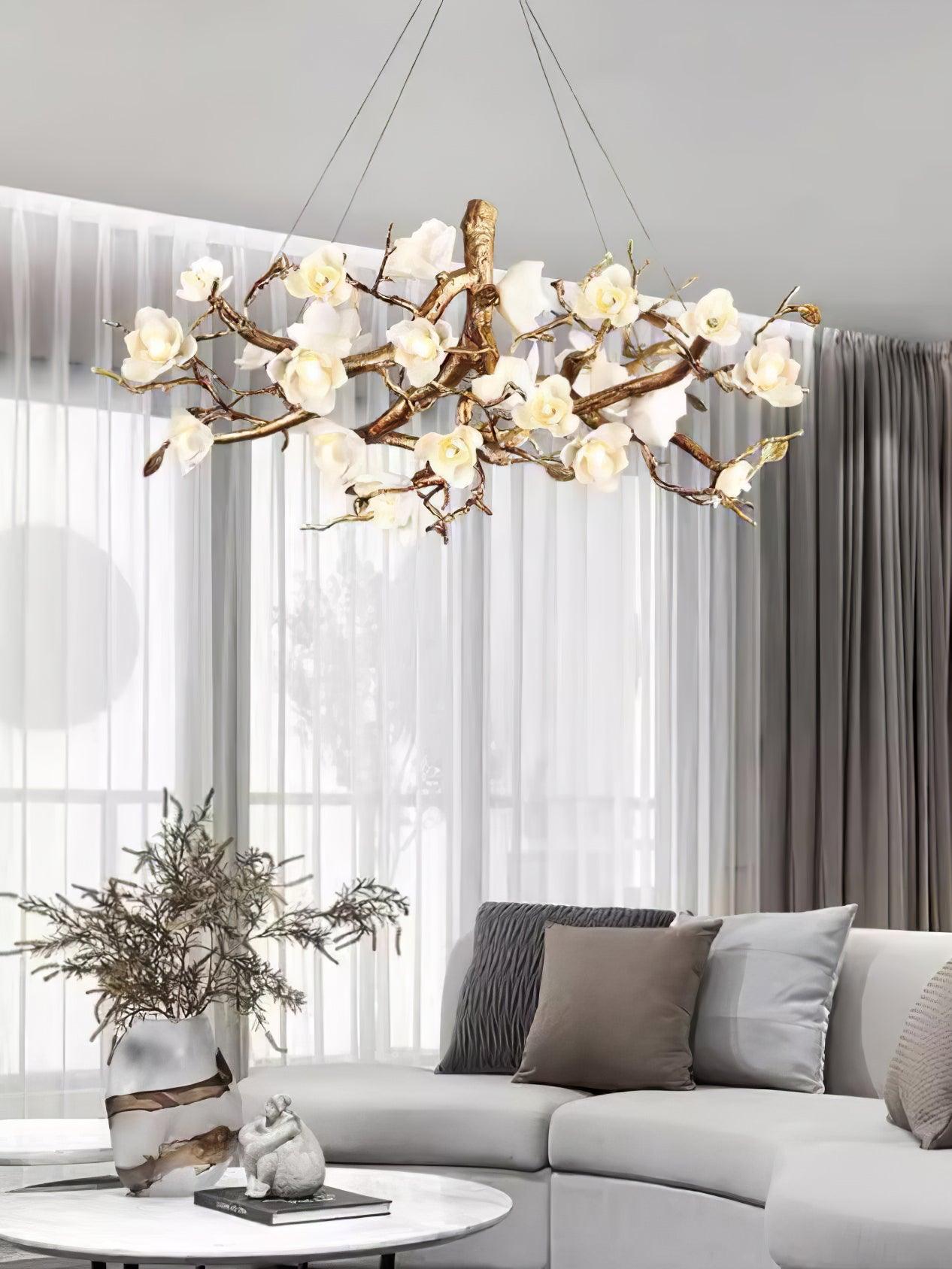 Avaros Postmodern Luxury Flower Bloom Branch Brass Ceramic Chandelier - Blowlighting