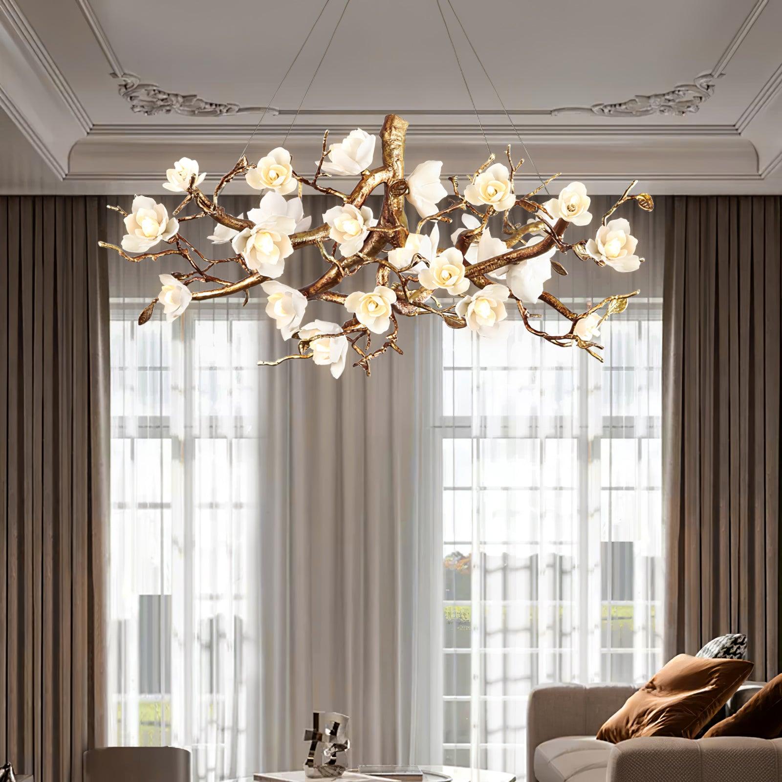 Avaros Postmodern Luxury Flower Bloom Branch Brass Ceramic Chandelier - Blowlighting