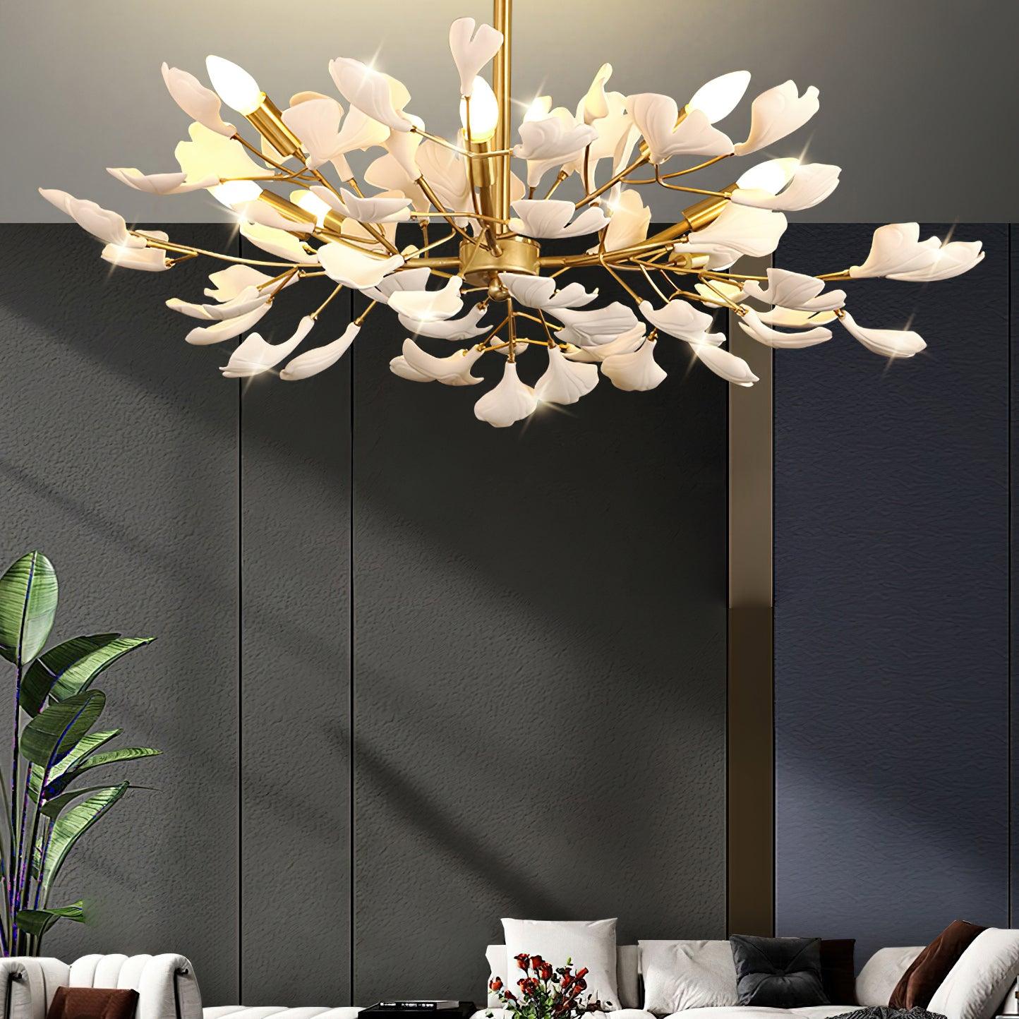 Aurora Chandelier Ginkgo Leaf Brass Ceramic - Blowlighting
