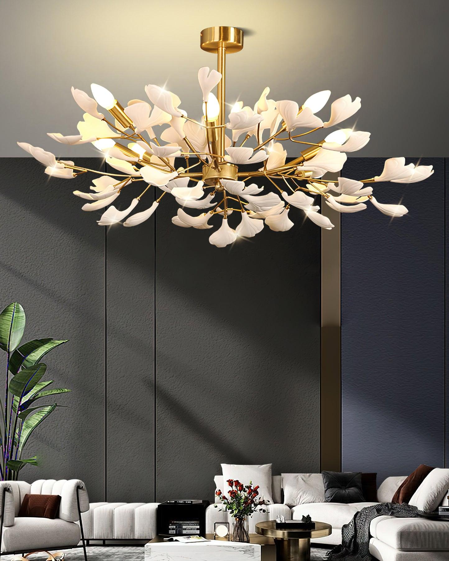 Aurora Chandelier Ginkgo Leaf Brass Ceramic - Blowlighting